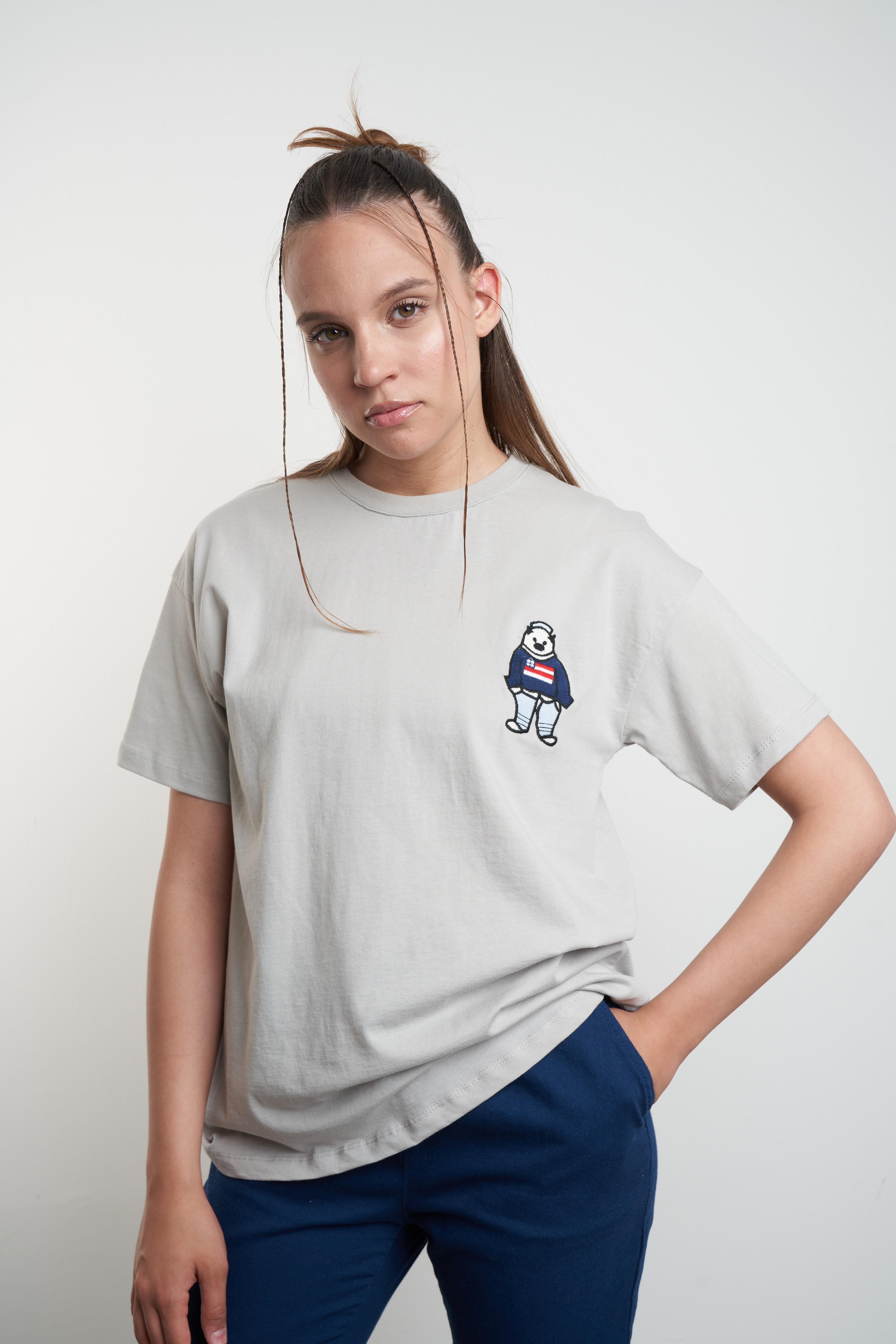 Ayı Nakış Baskılı T-shirt Açık Gri