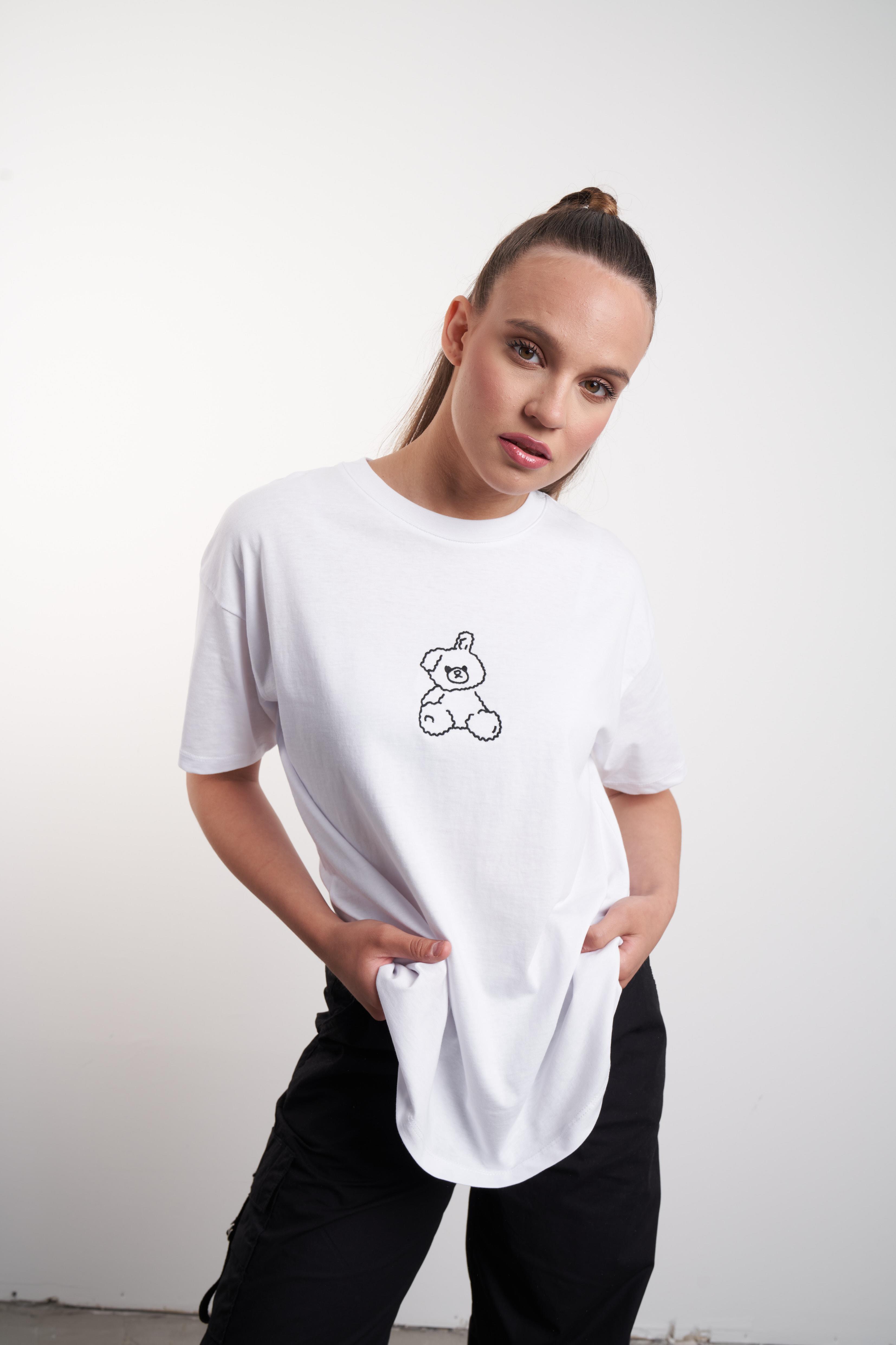 Ayı Nakış Baskılı T-shirt Beyaz