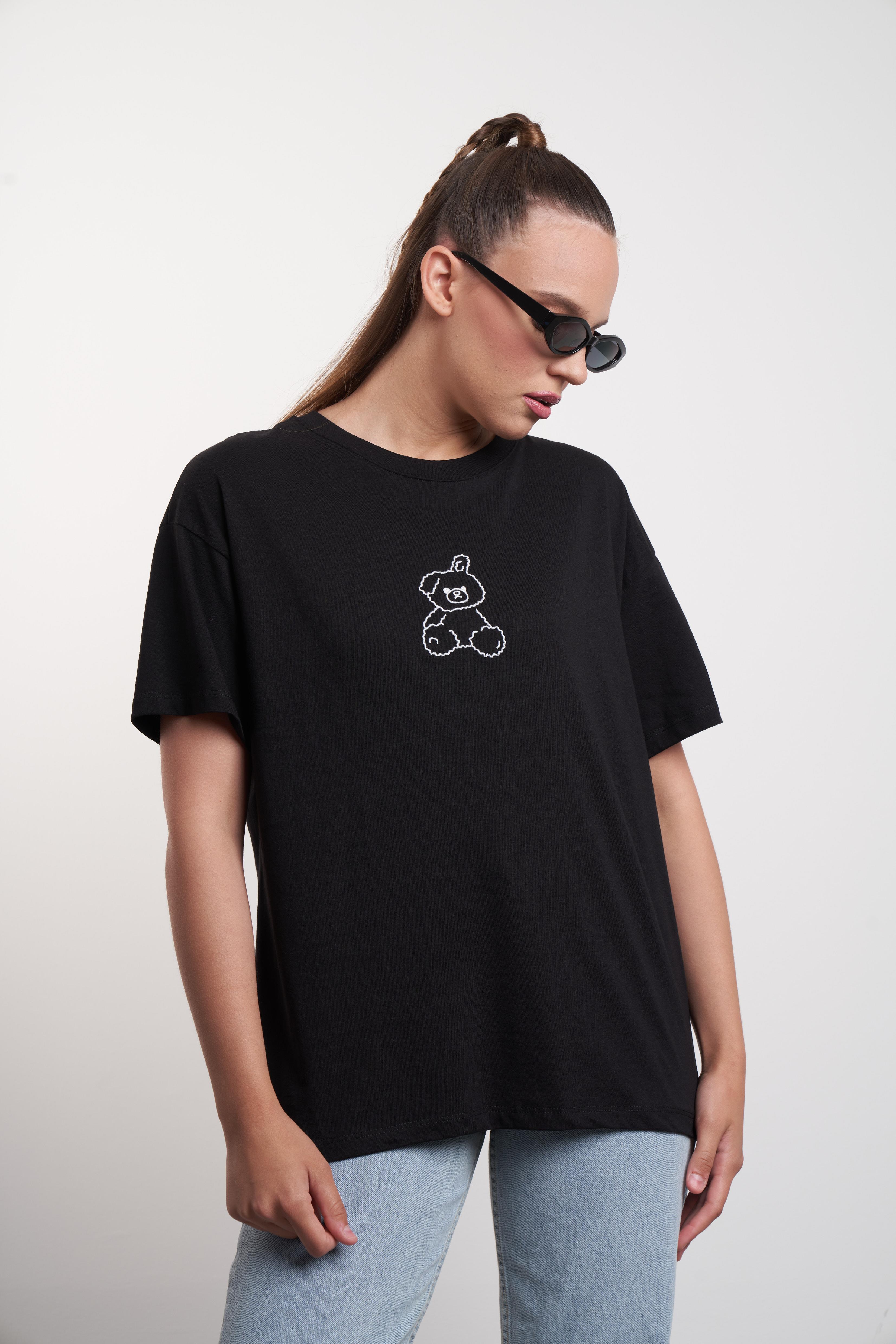 Ayı Nakış Baskılı T-shirt Siyah