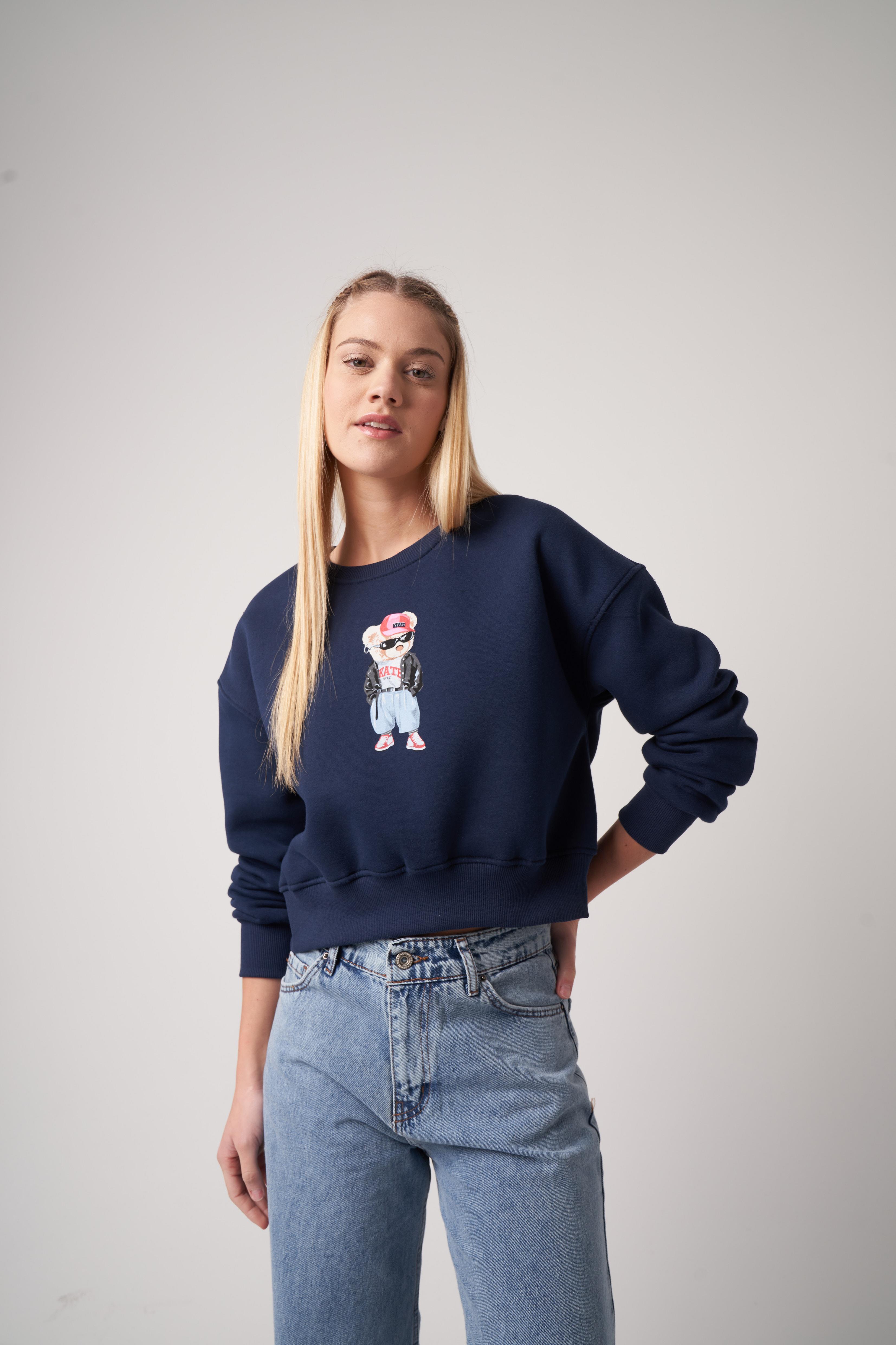 Ayıcık Baskılı Kısa Sweatshirt Lacivert