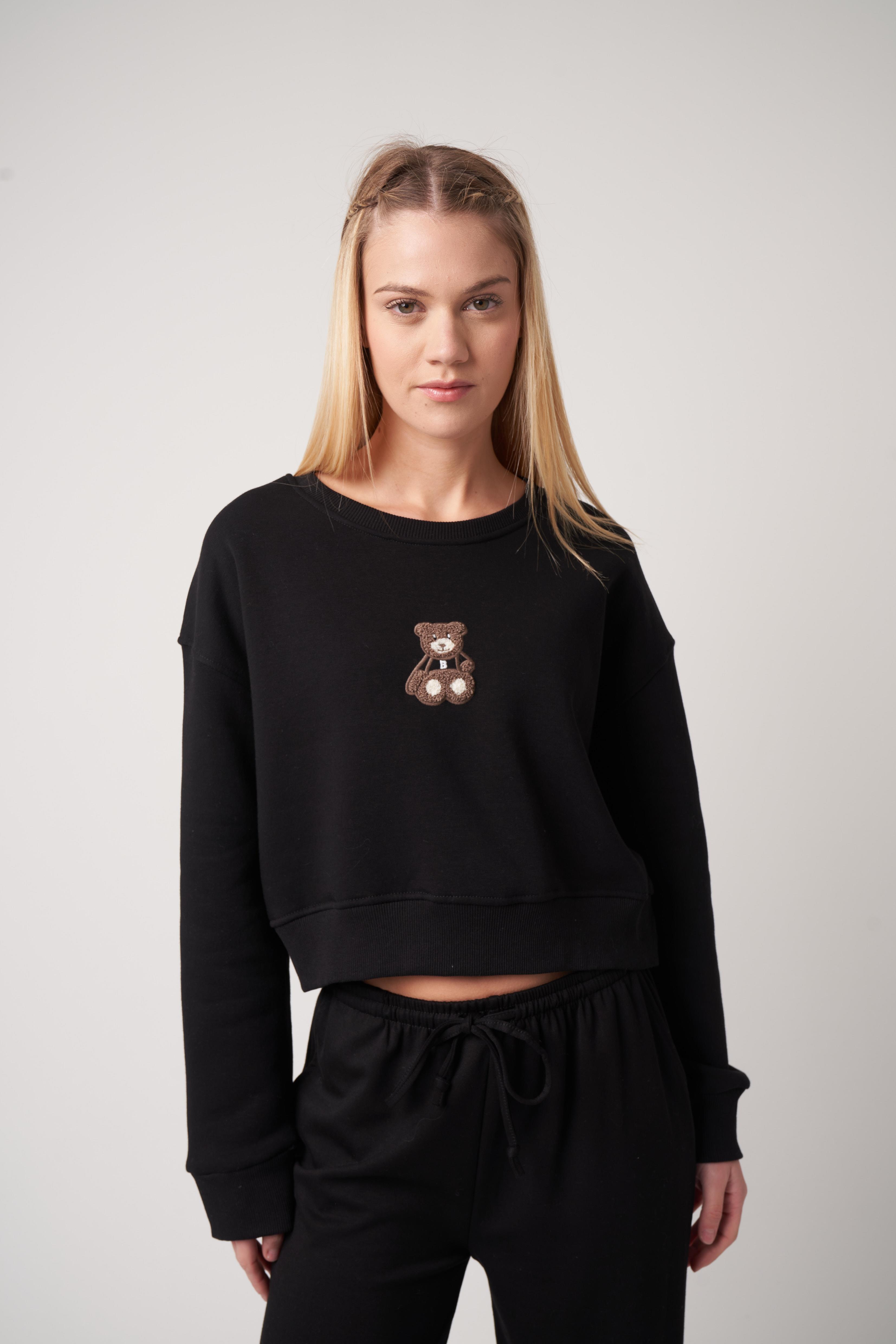 Ayıcık Baskılı Kısa Sweatshirt Siyah