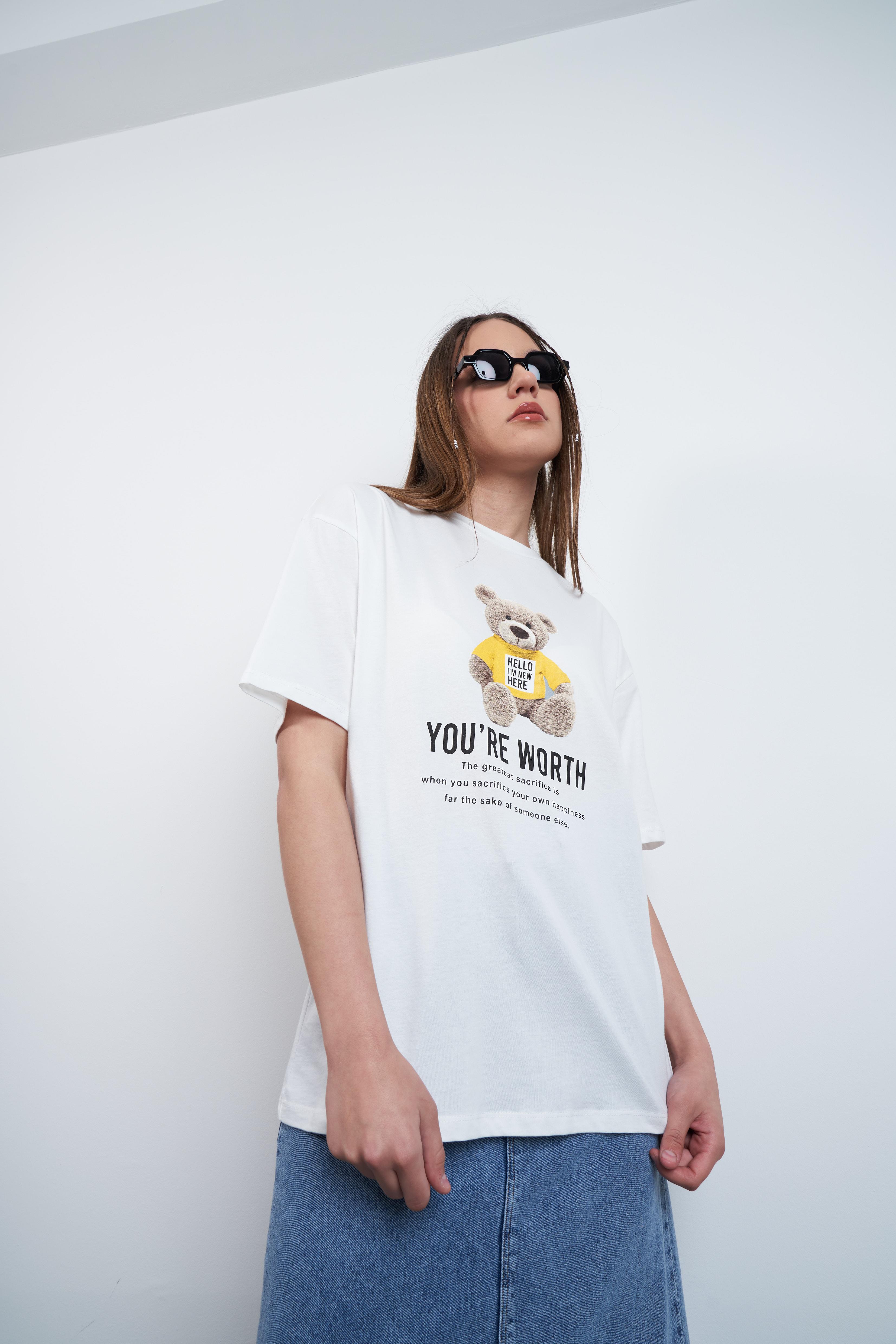 Ayıcık Baskılı T-shirt Ekru