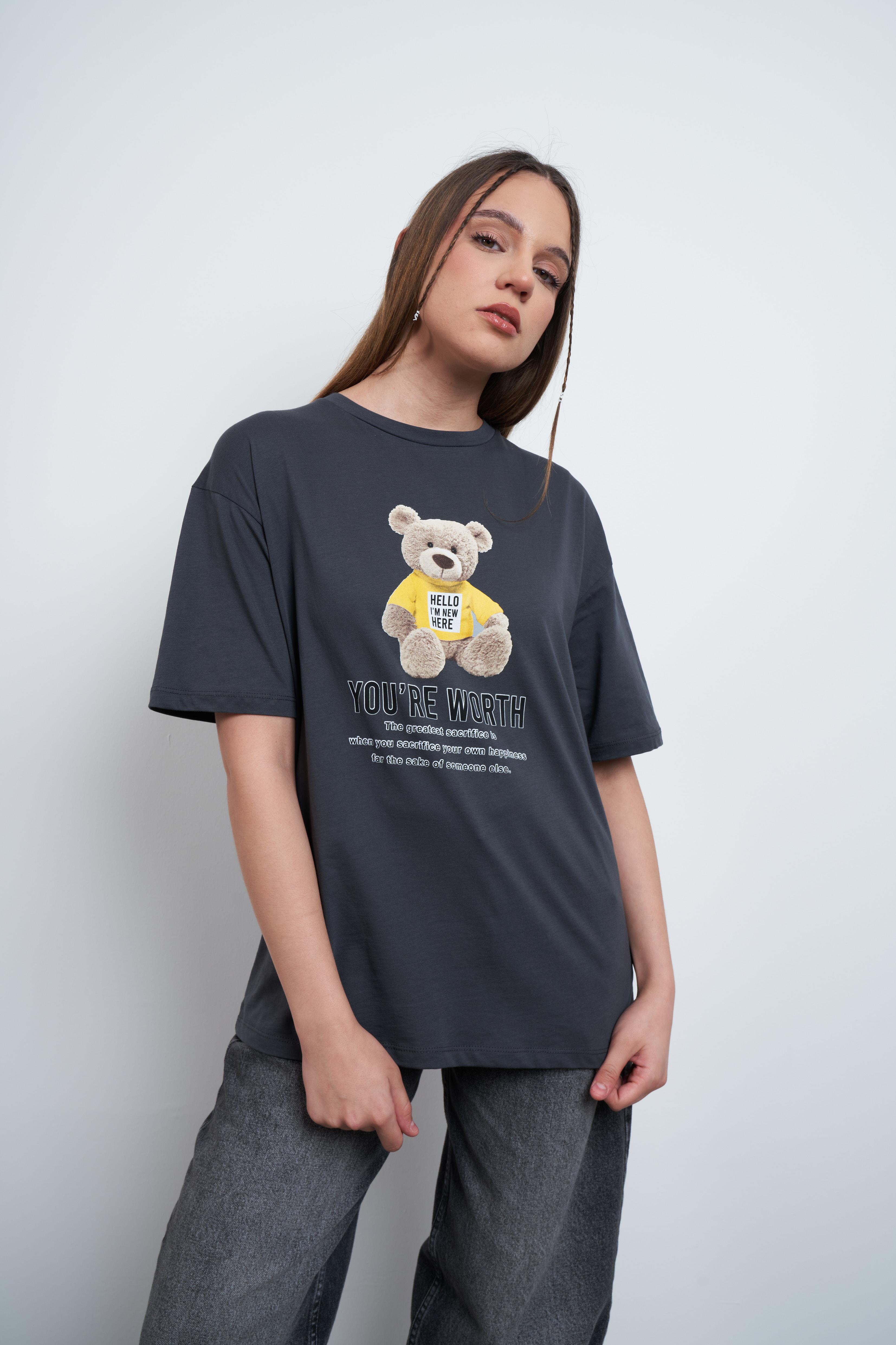 Ayıcık Baskılı T-shirt Füme