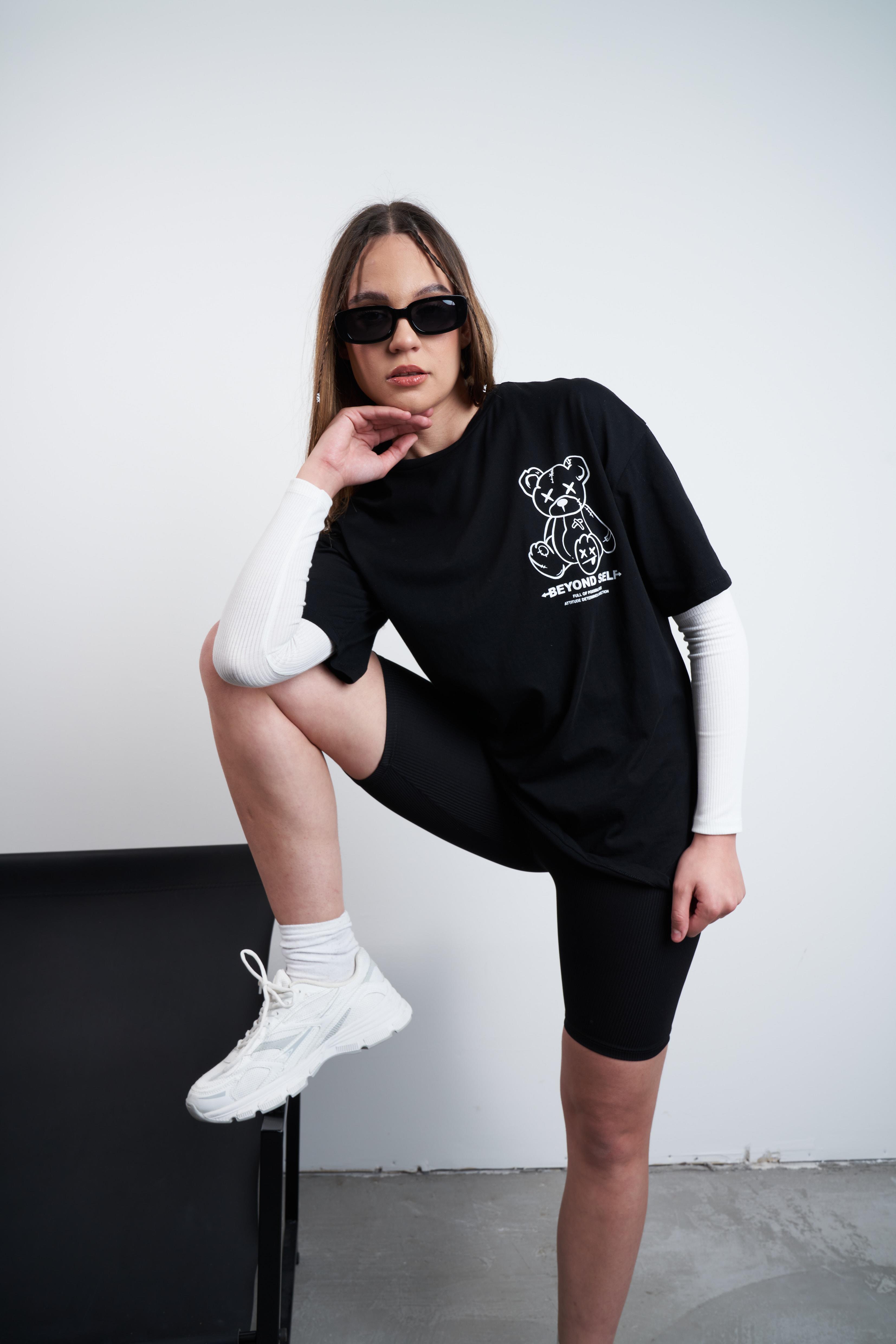 Ayıcık Baskılı T-shirt Siyah