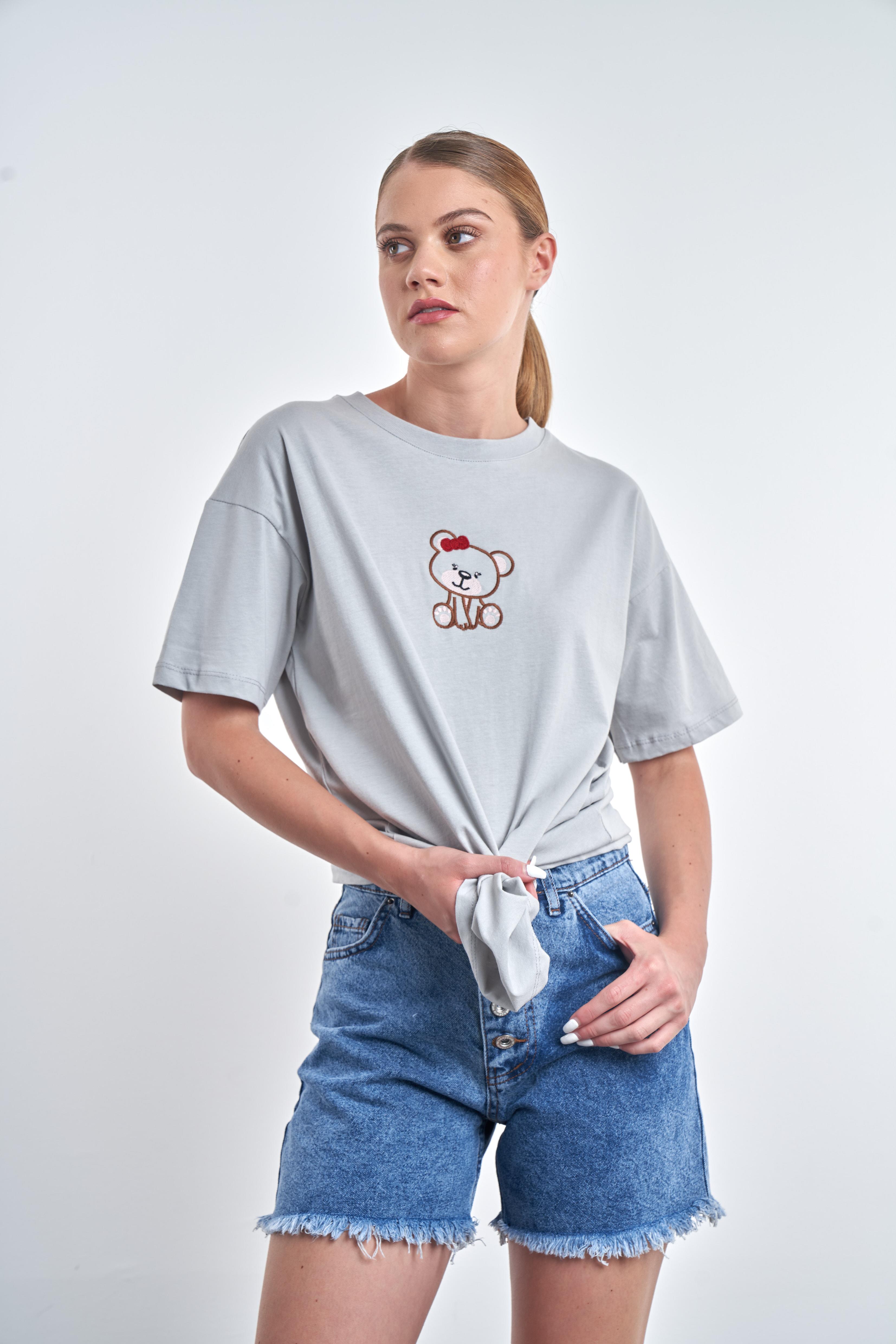 Ayıcık Nakış Baskılı T-shirt Açık Gri