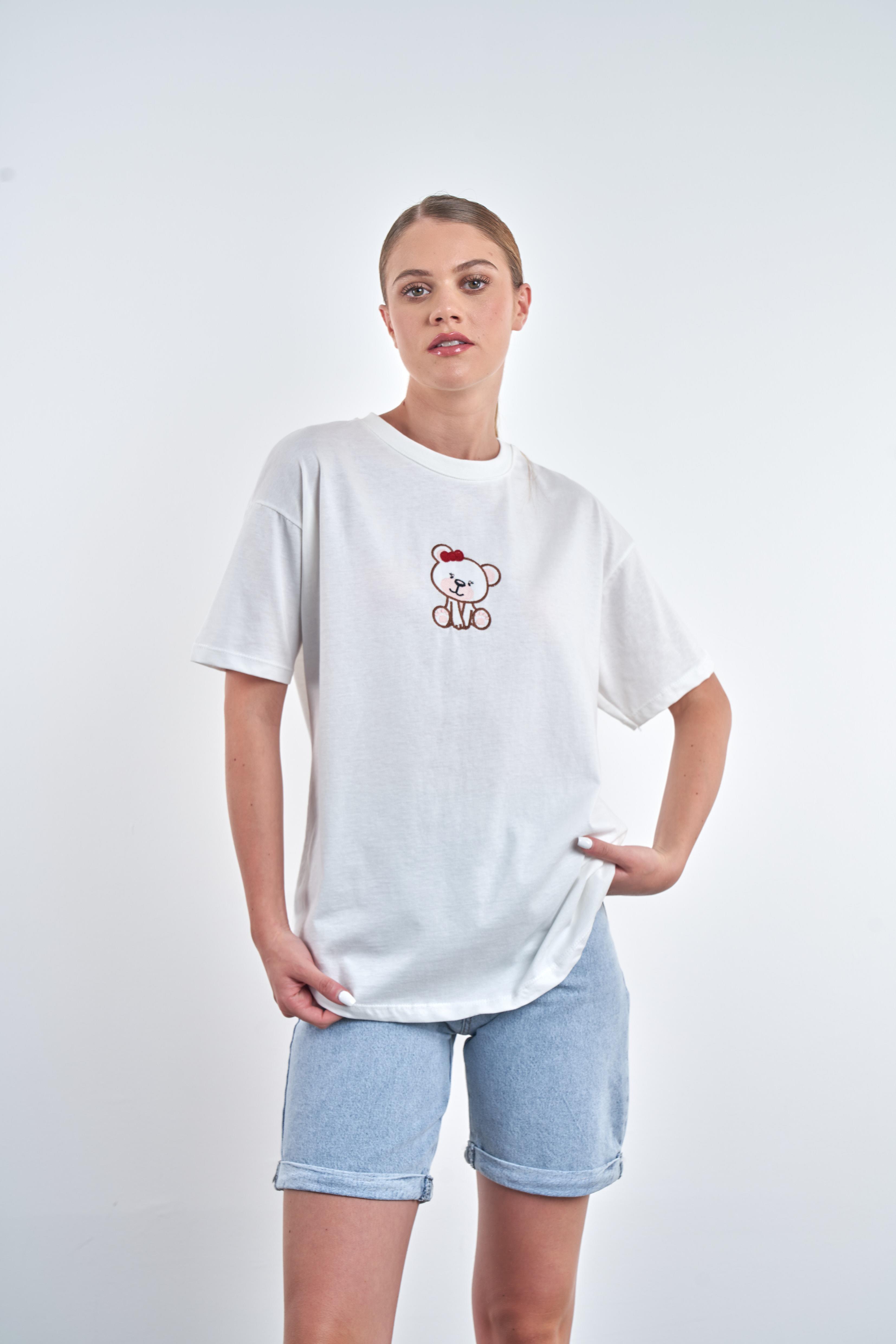Ayıcık Nakış Baskılı T-shirt Ekru