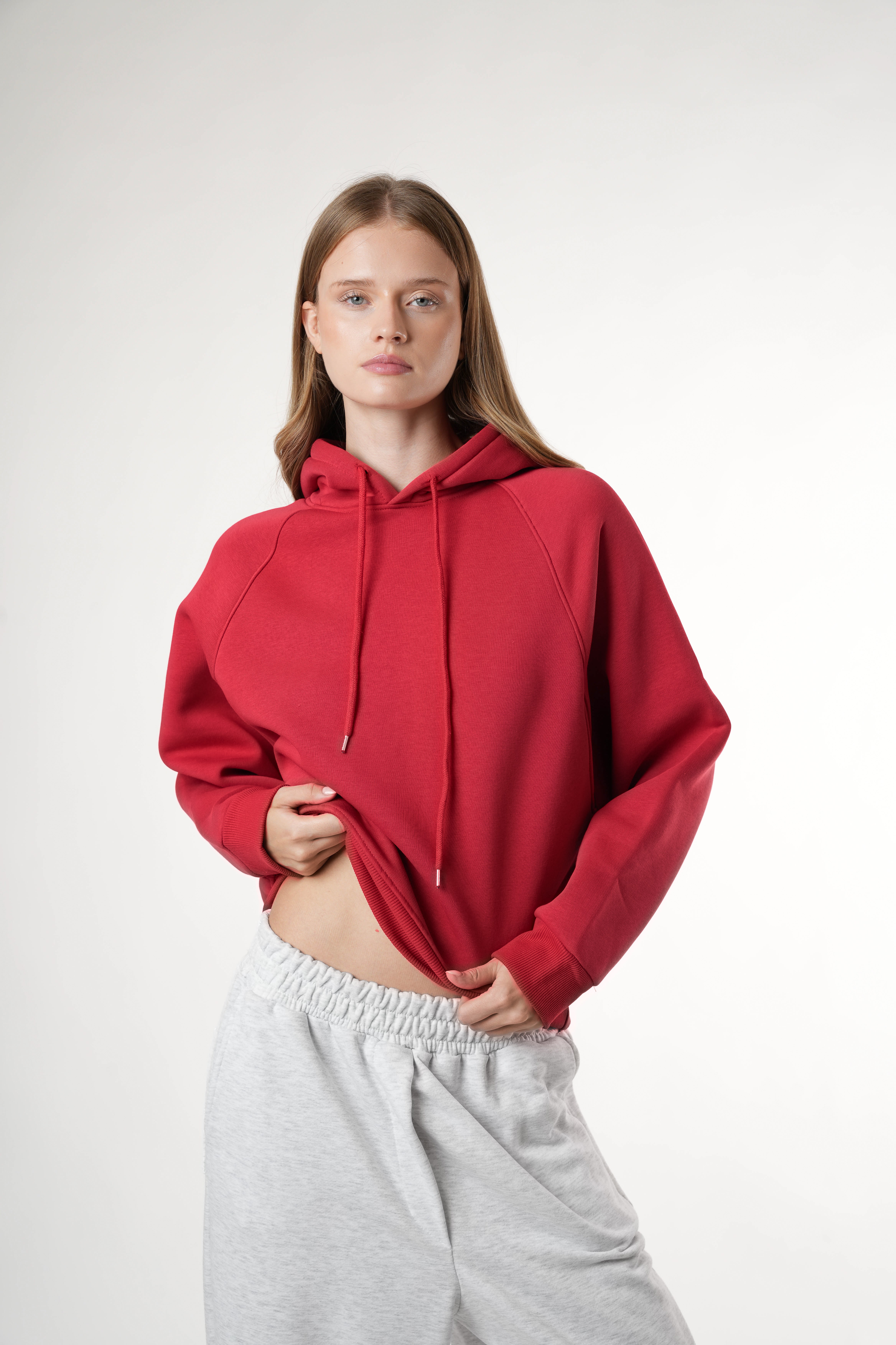 Basic Kapüşonlu Sweatshirt Kırmızı