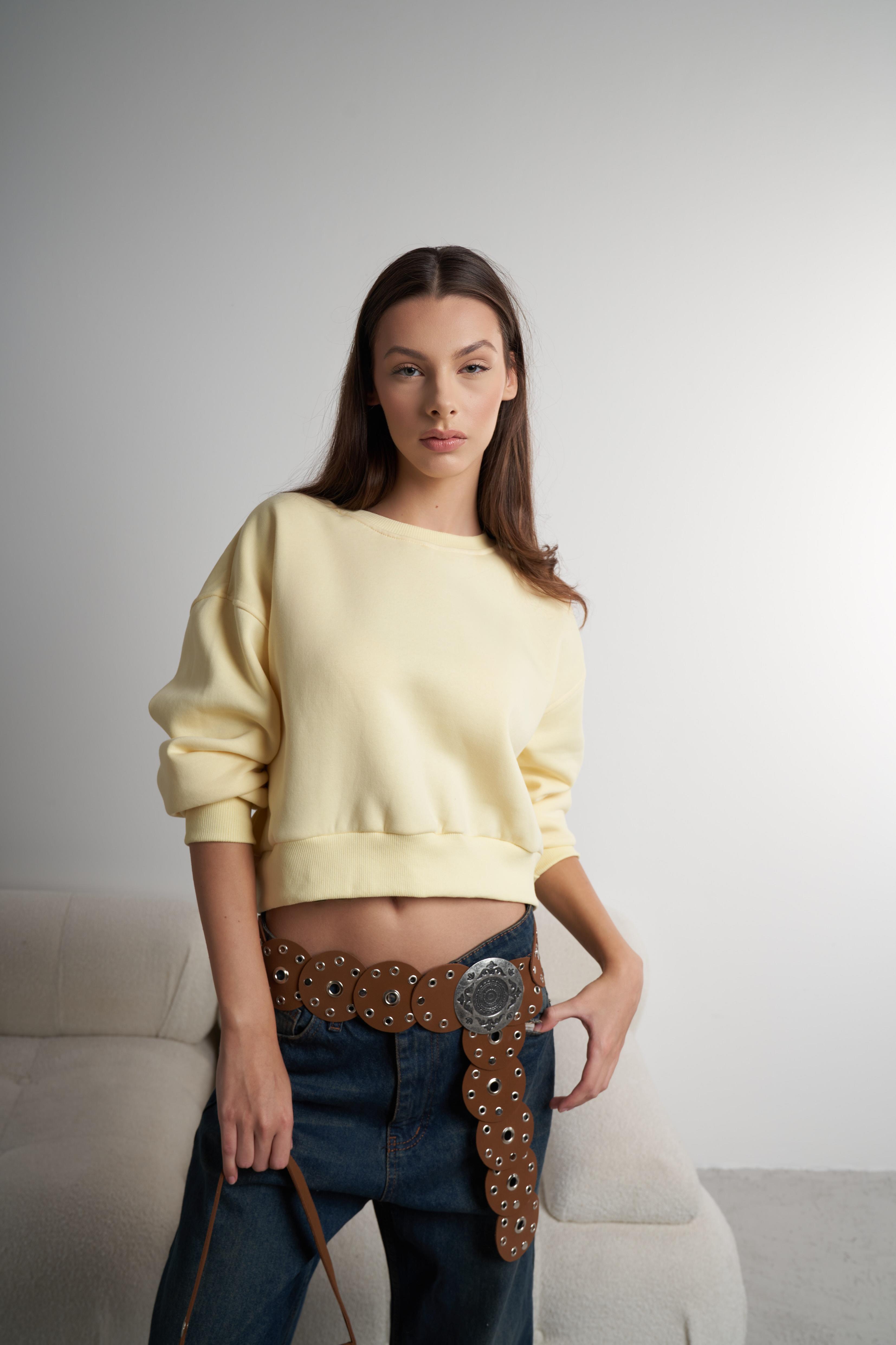 Basic Kısa Sweatshirt Sarı