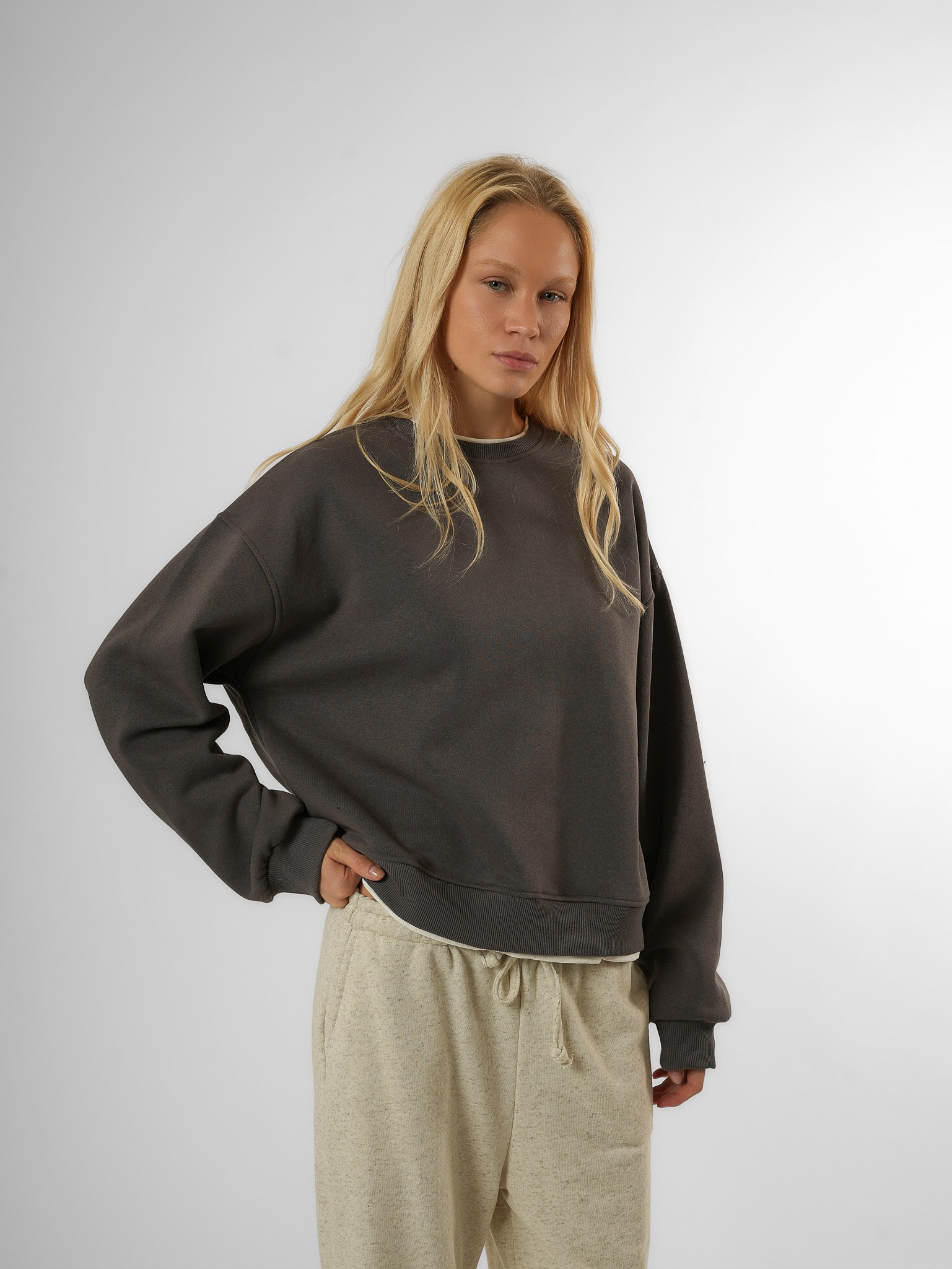 Basic Şardonlu Sweatshirt Antrasit-Ekru