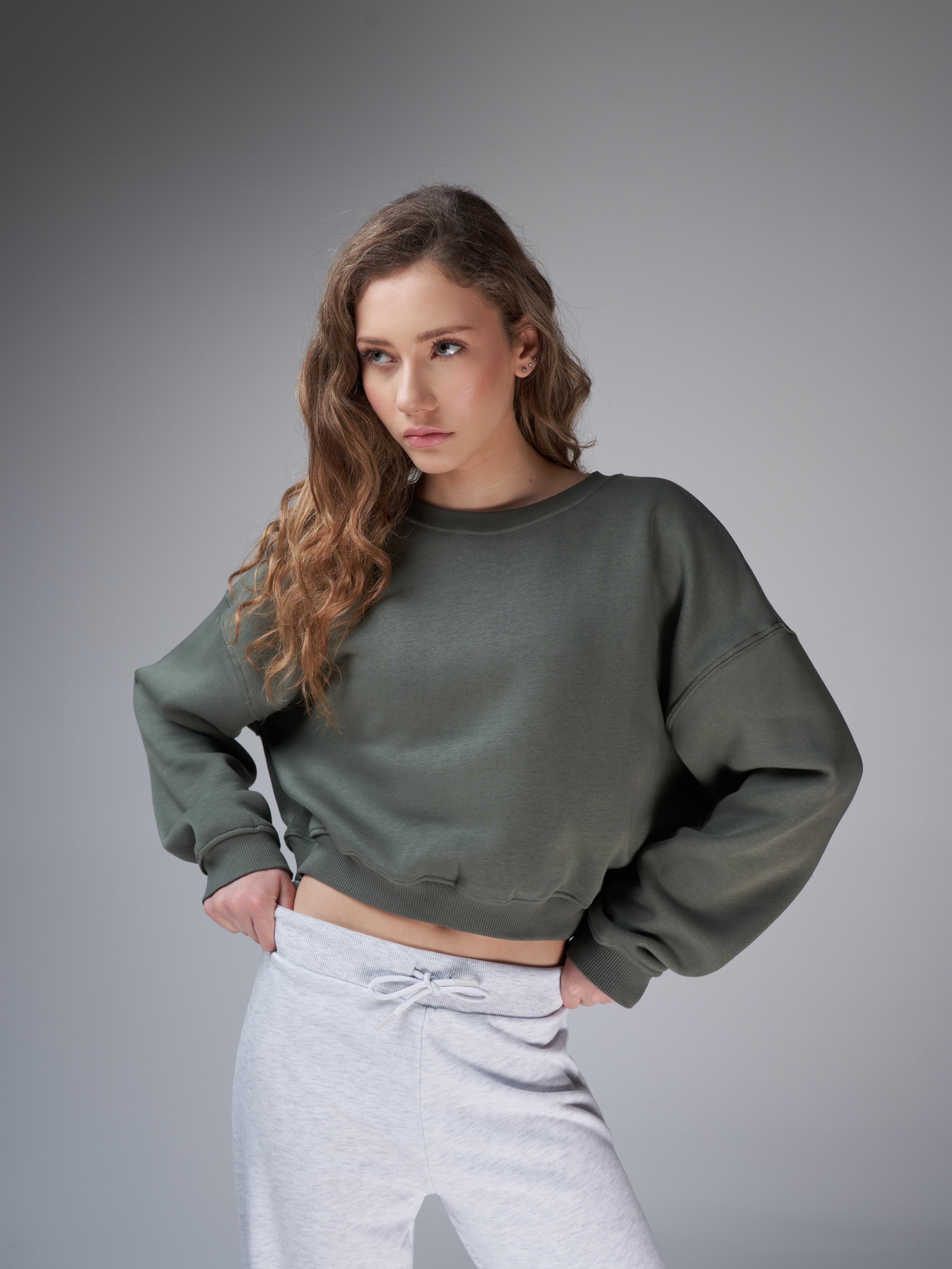 Basic Şardonlu Sweatshirt Haki