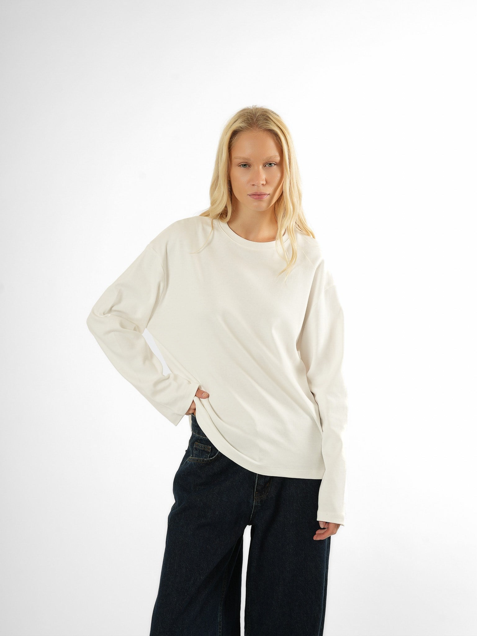 Basic Uzun Kol T-shirt Ekru