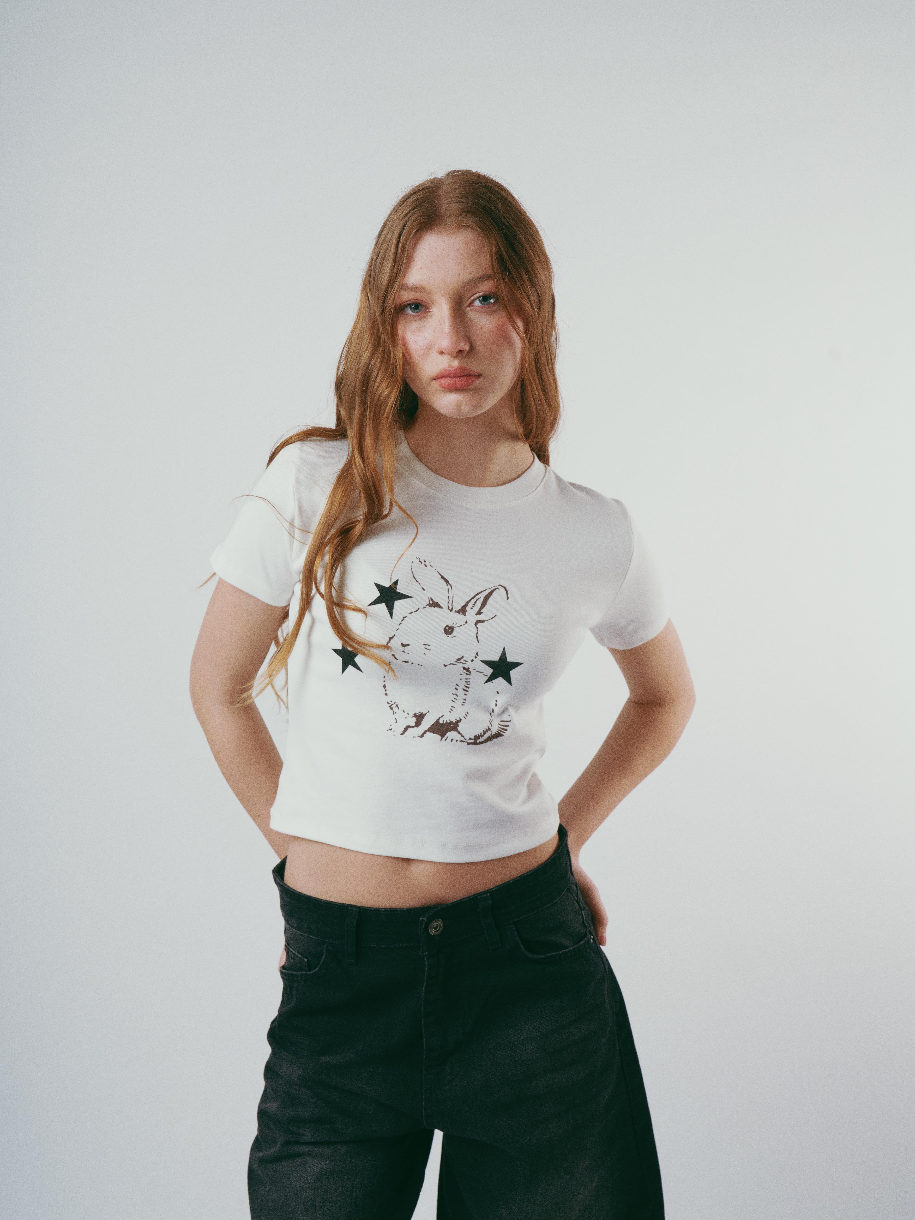 Baskılı Kısa Kol Bluz Ekru