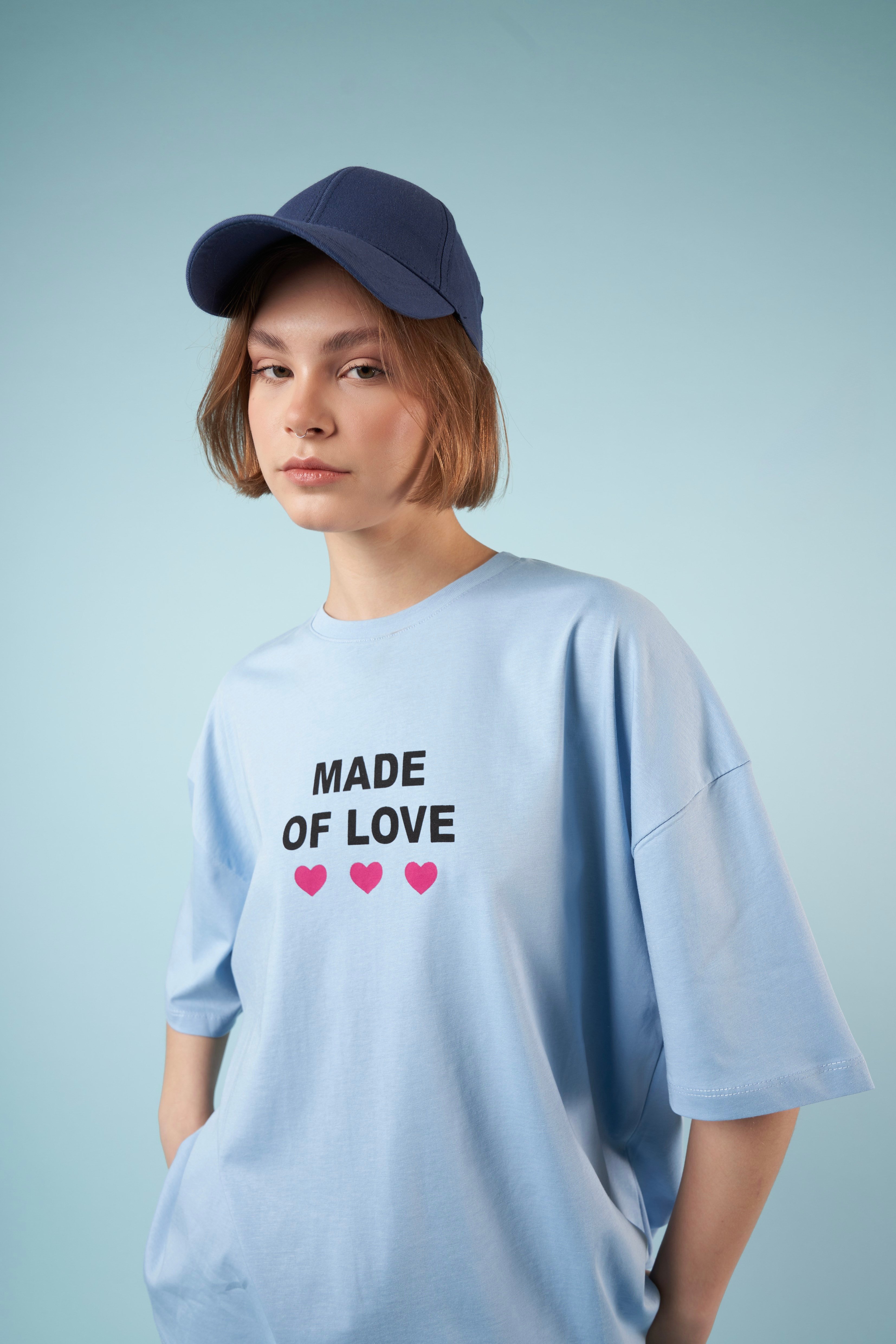Baskılı Kısa Kol Oversize T-shirt Bebe Mavi
