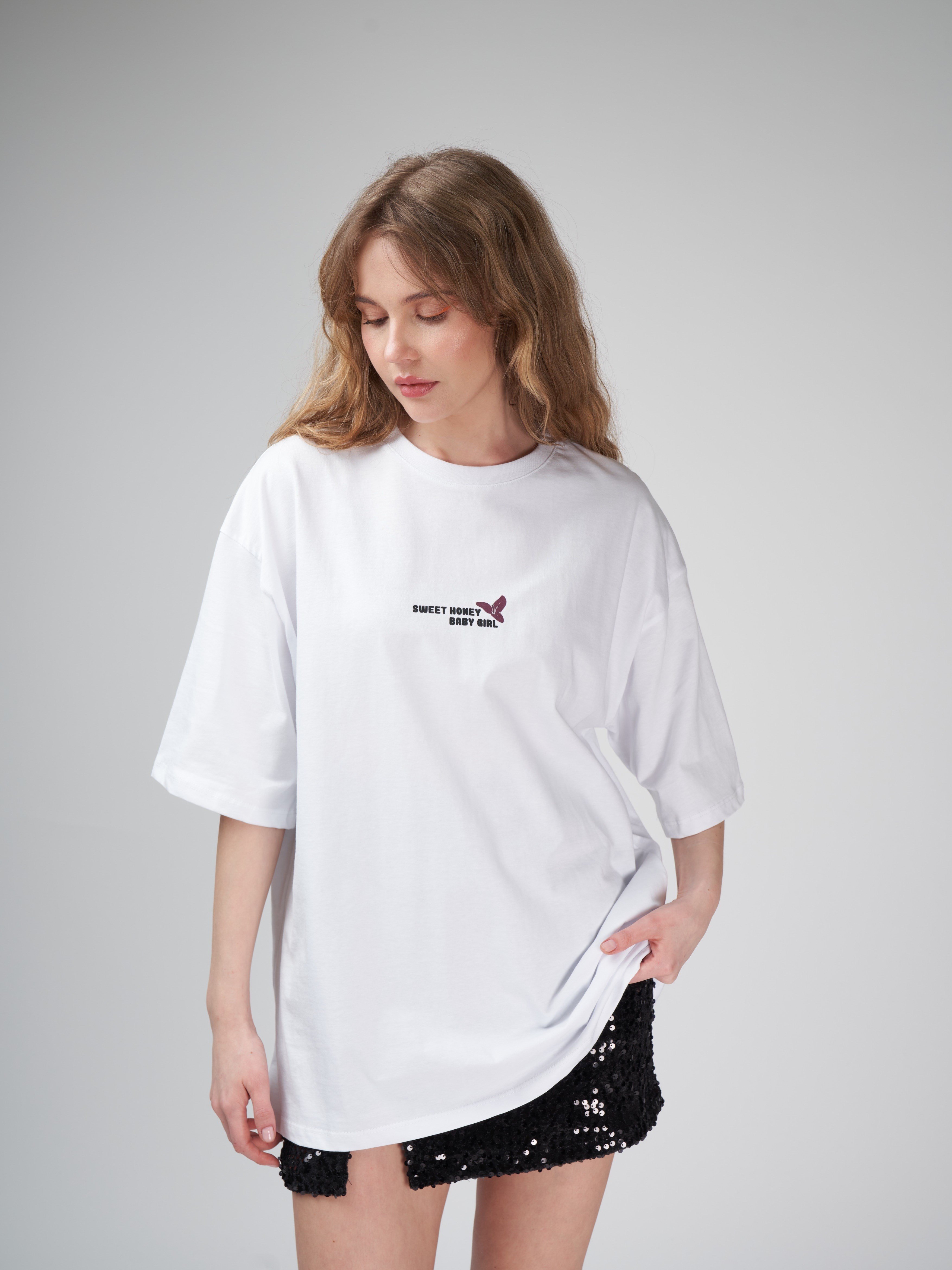 Baskılı Kısa Kol Oversize T-shirt Beyaz