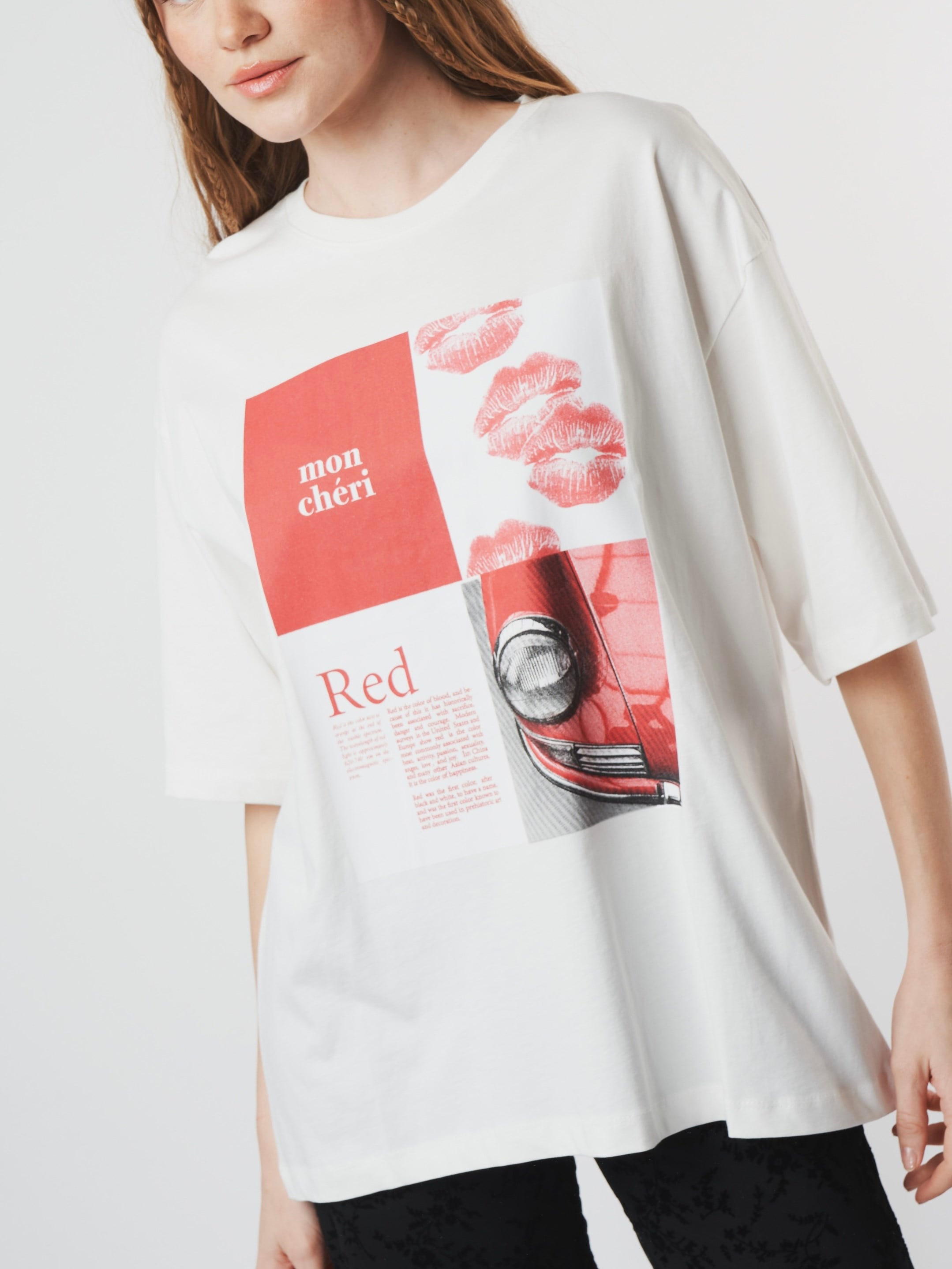Baskılı Kısa Kol Oversize T-shirt Ekru