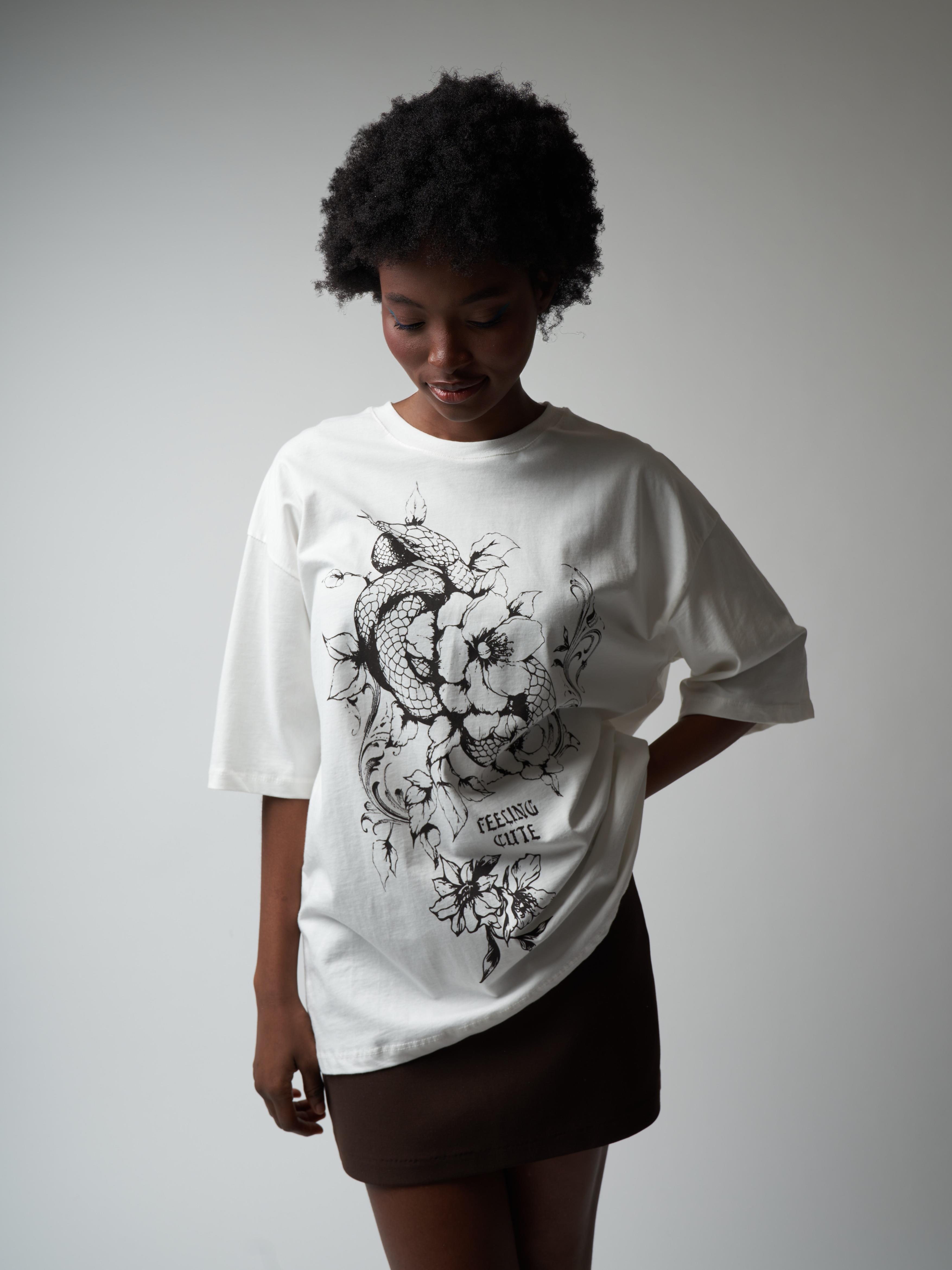 Baskılı Kısa Kol Oversize T-shirt Ekru