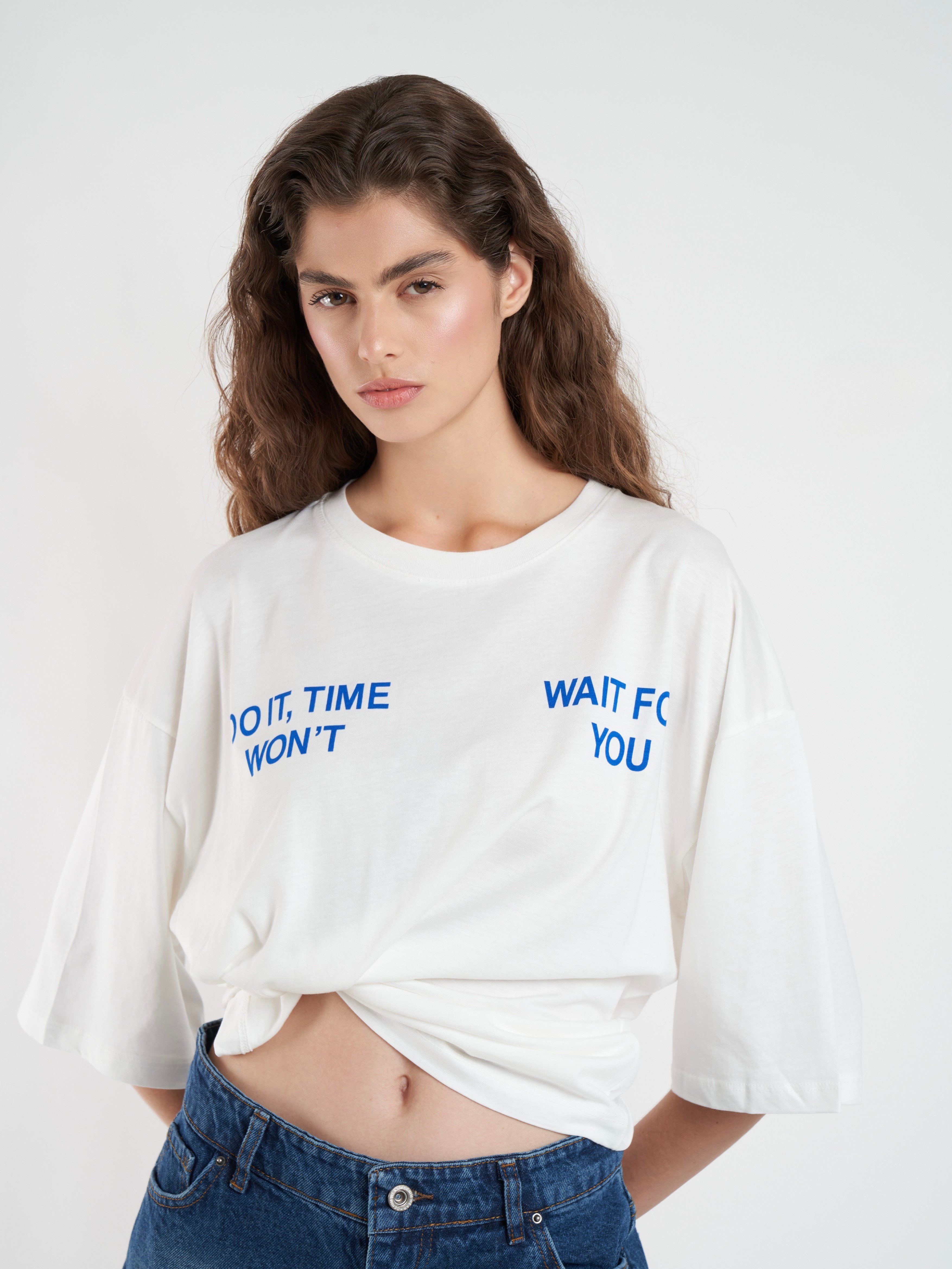 Baskılı Kısa Kol Oversize T-shirt Ekru
