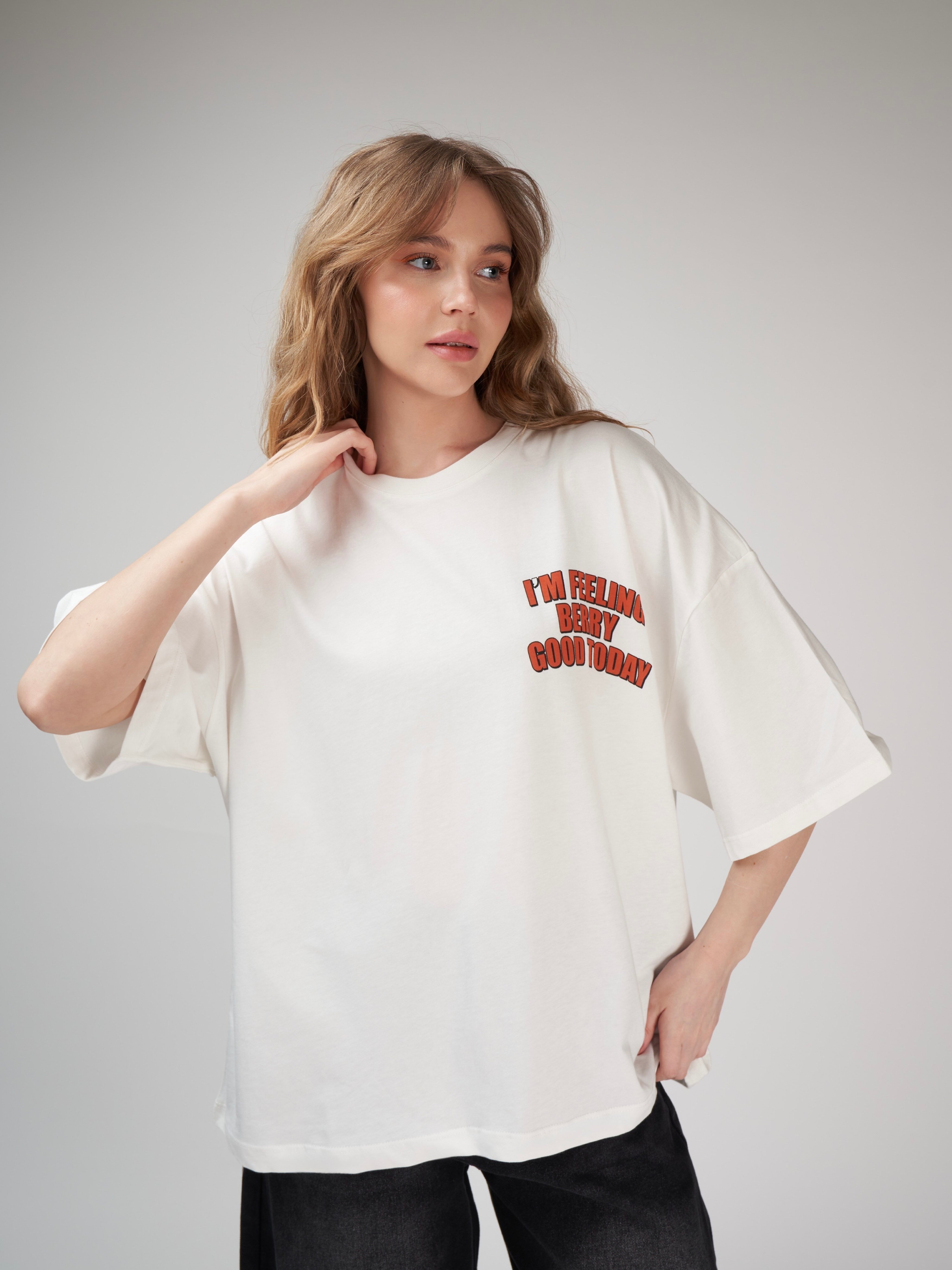 Baskılı Kısa Kol Oversize T-shirt Ekru