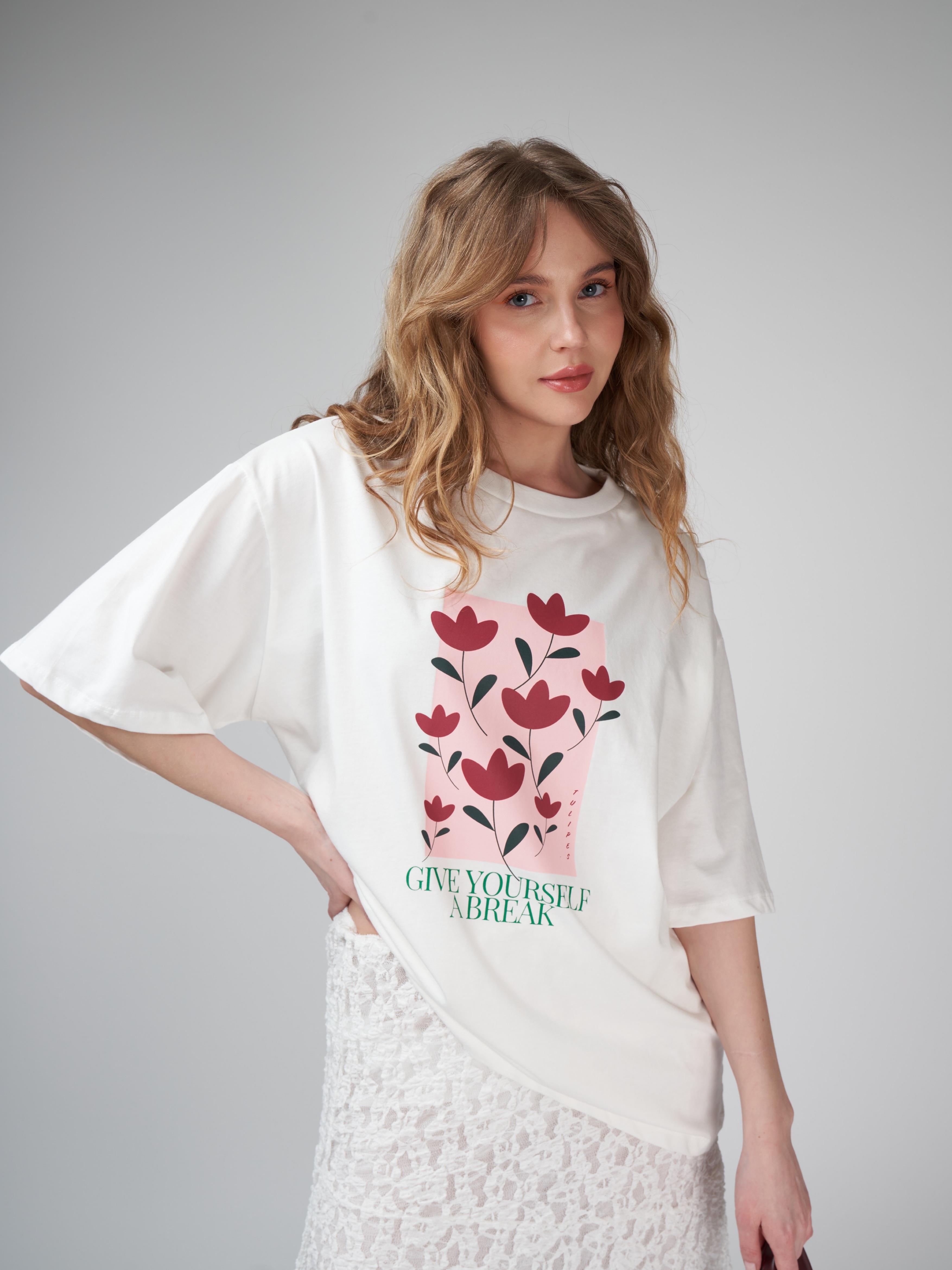 Baskılı Kısa Kol Oversize T-shirt Ekru