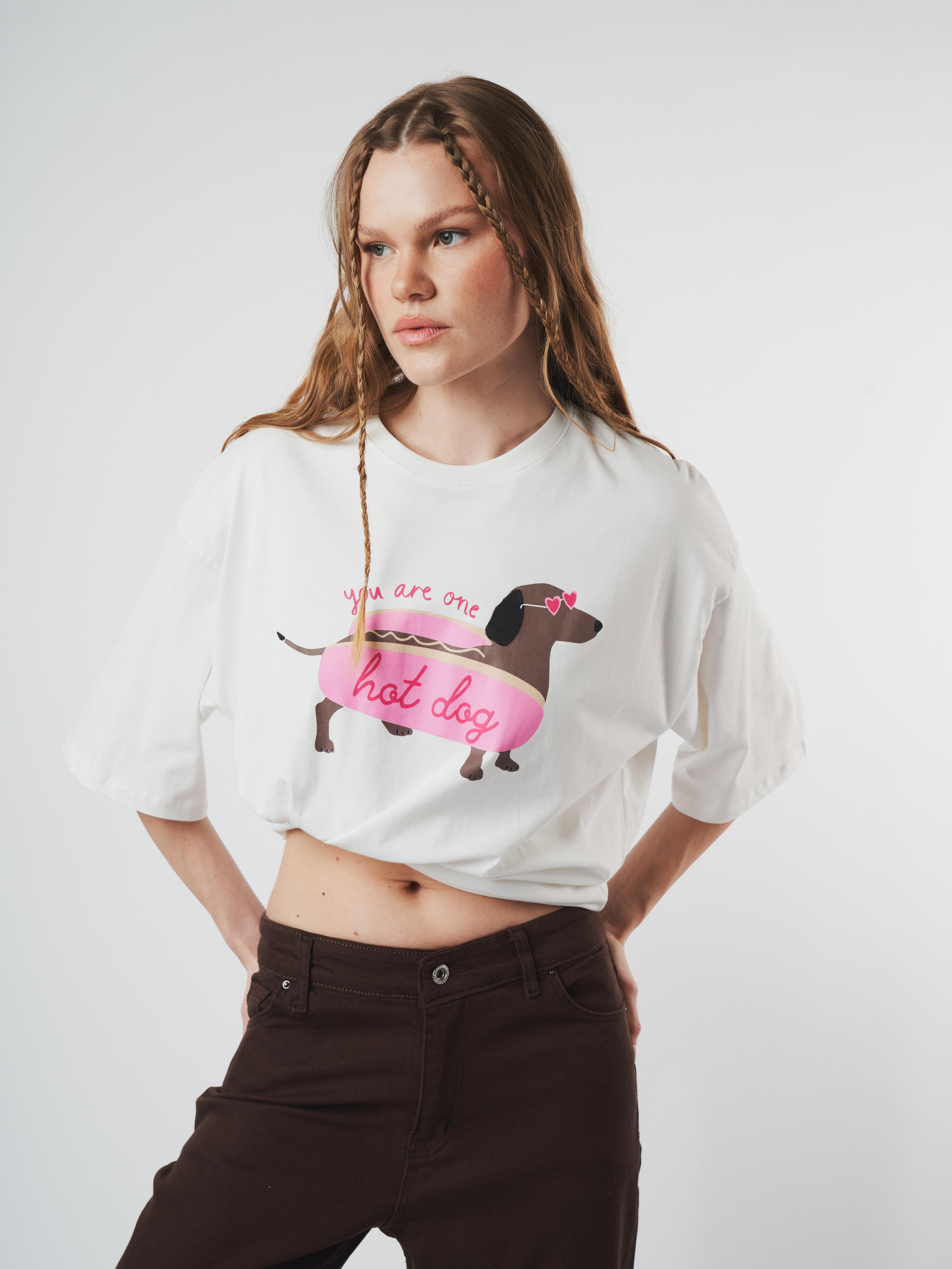 Baskılı Kısa Kol Oversize T-shirt Ekru