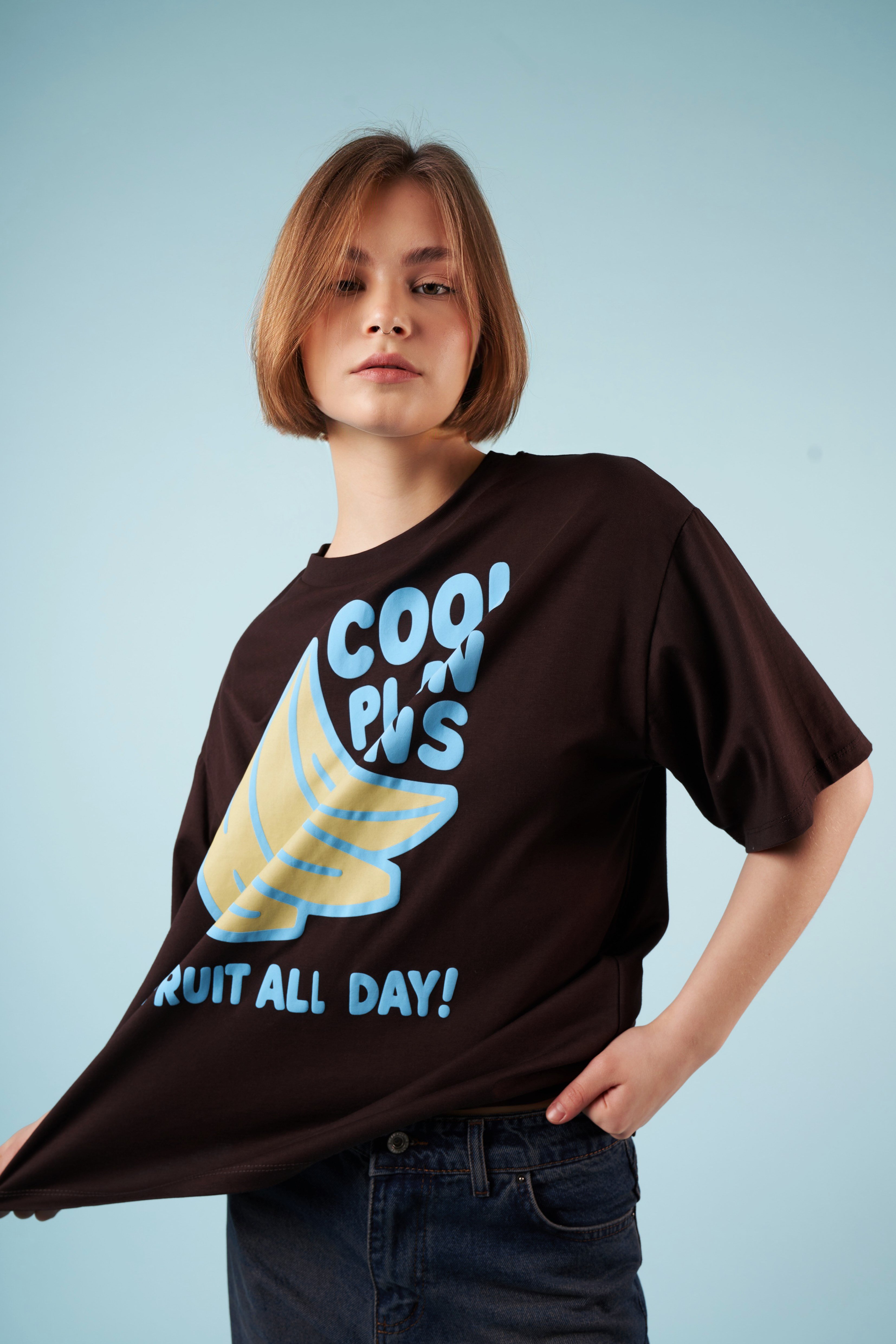 Baskılı Kısa Kol Oversize T-shirt Kahve