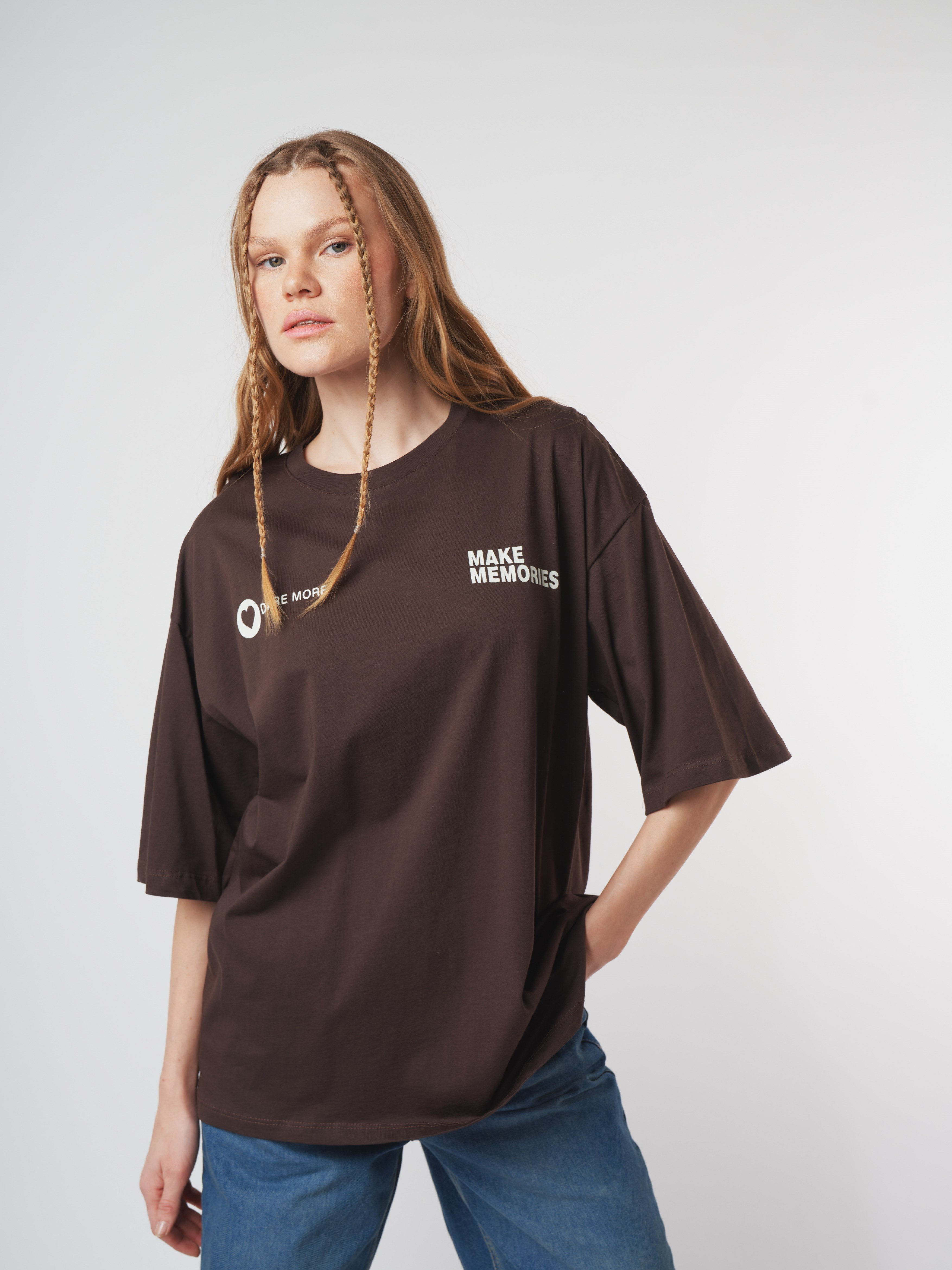 Baskılı Kısa Kol Oversize T-shirt Kahve