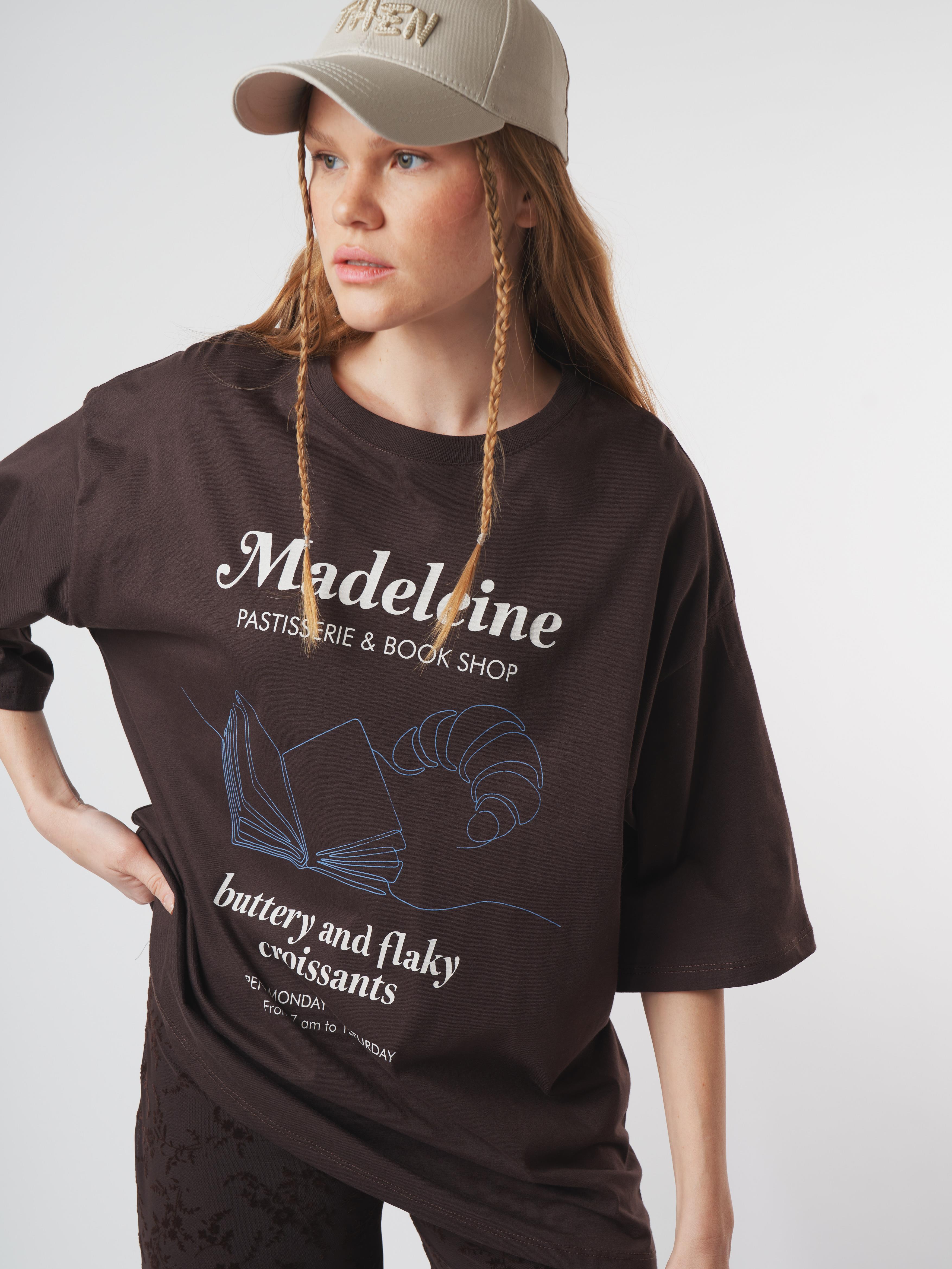 Baskılı Kısa Kol Oversize T-shirt Kahve