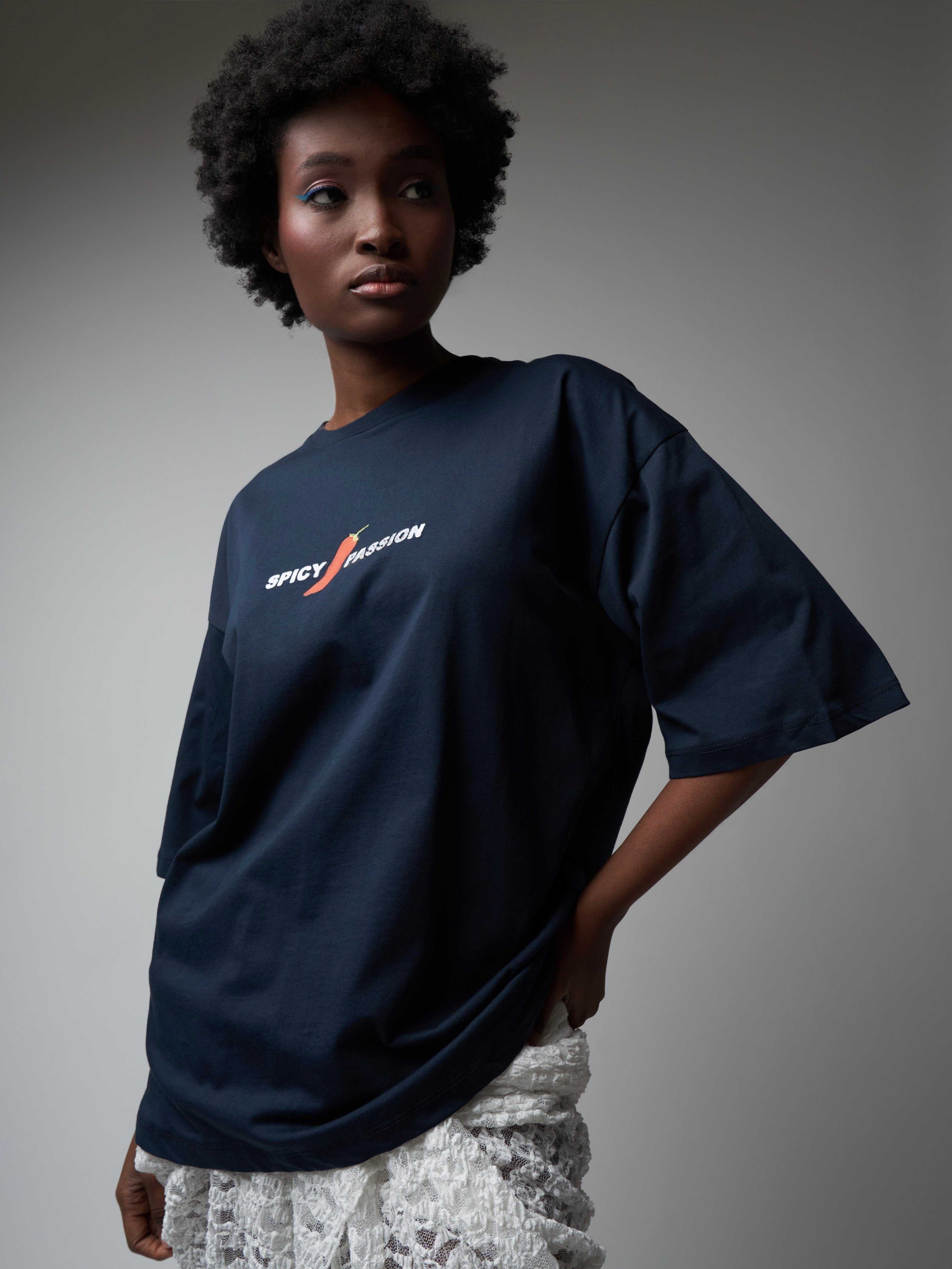 Baskılı Kısa Kol Oversize T-shirt Lacivert