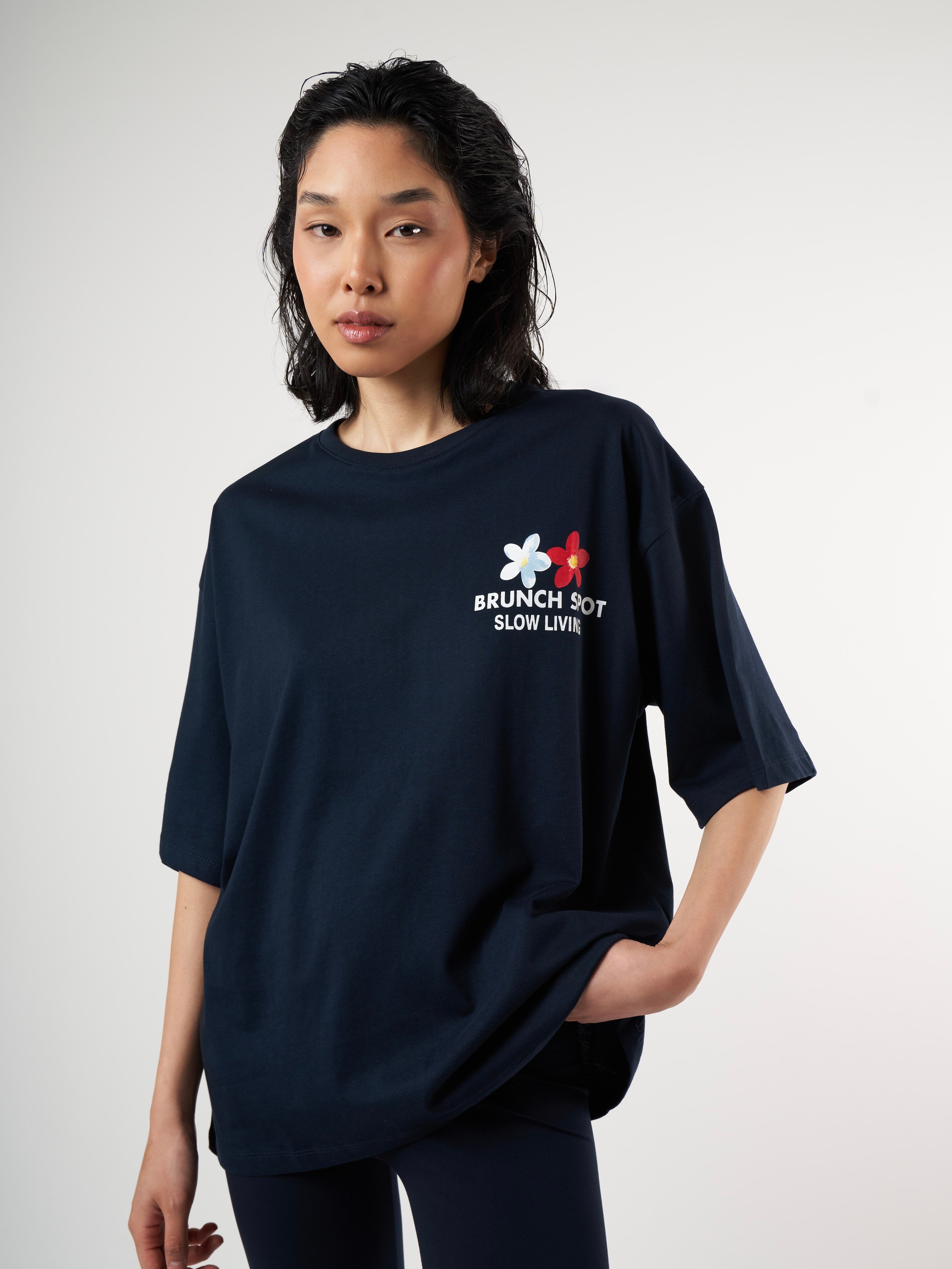 Baskılı Kısa Kol Oversize T-shirt Lacivert