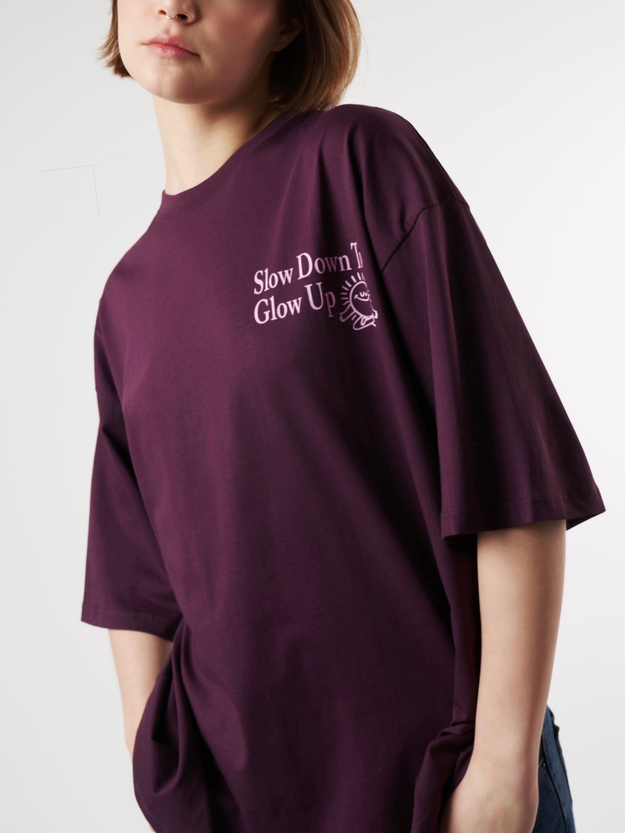 Baskılı Kısa Kol Oversize T-shirt Mürdüm