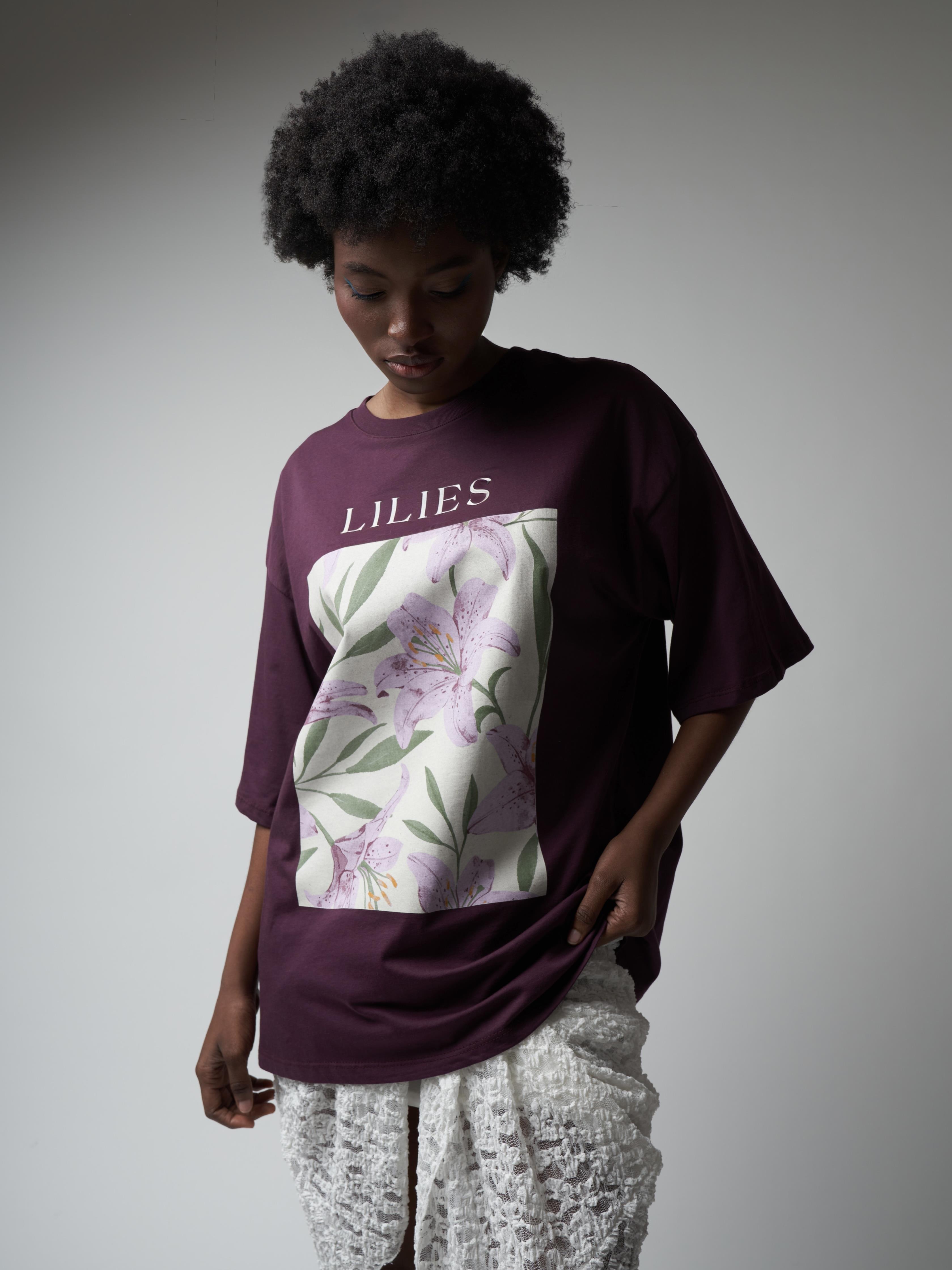 Baskılı Kısa Kol Oversize T-shirt Mürdüm