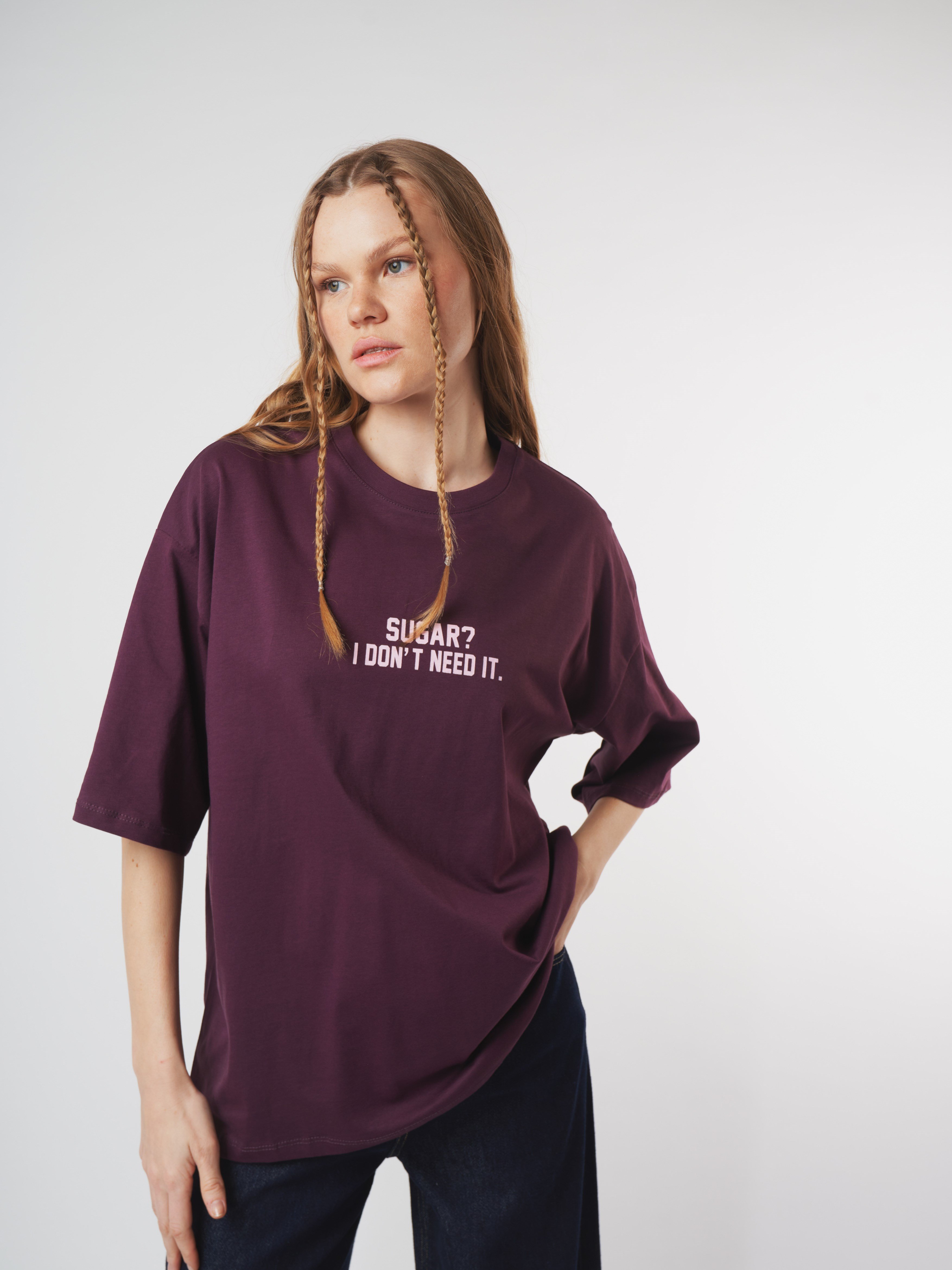Baskılı Kısa Kol Oversize T-shirt Mürdüm