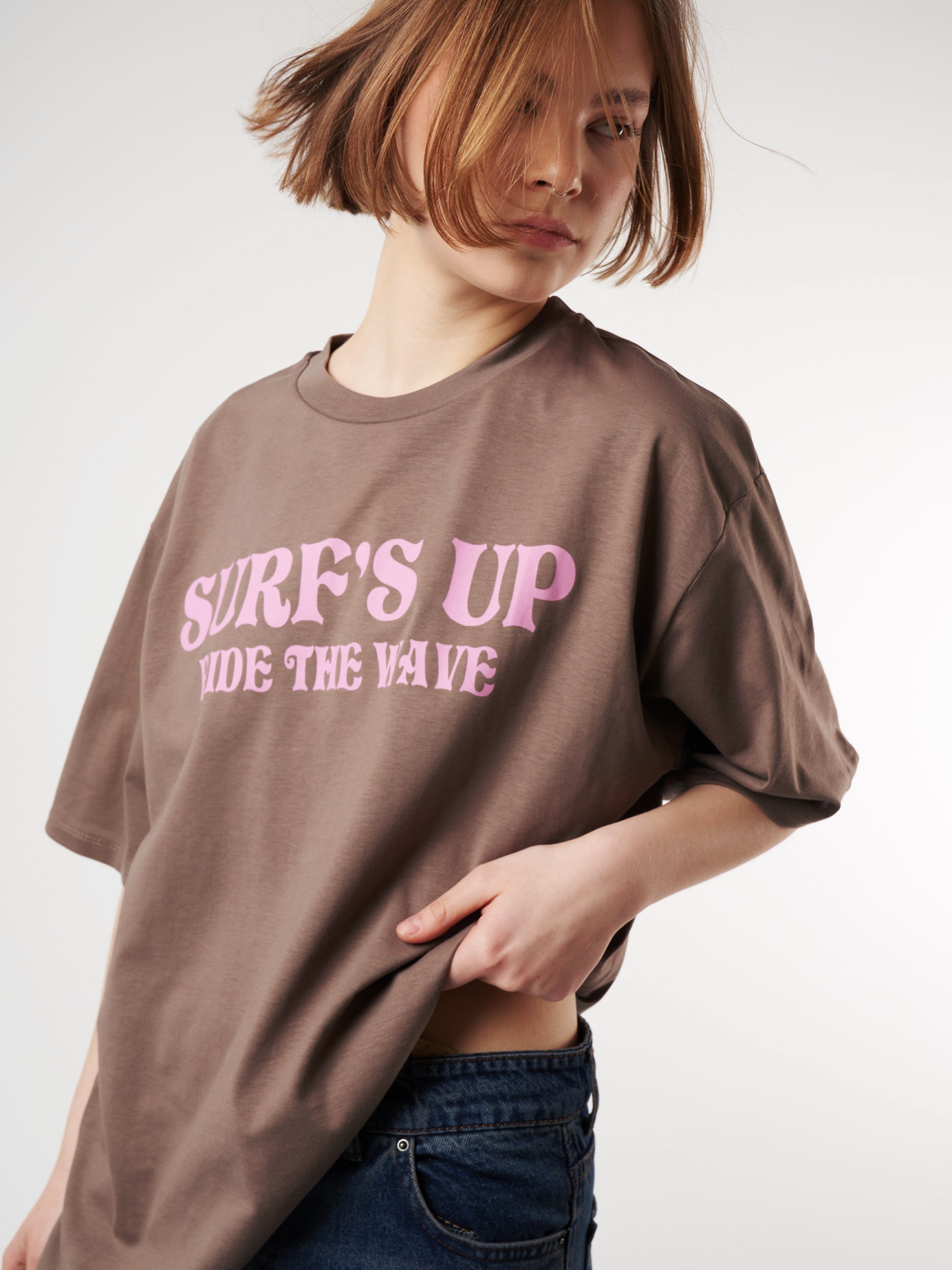 Baskılı Kısa Kol Oversize T-shirt Vizon