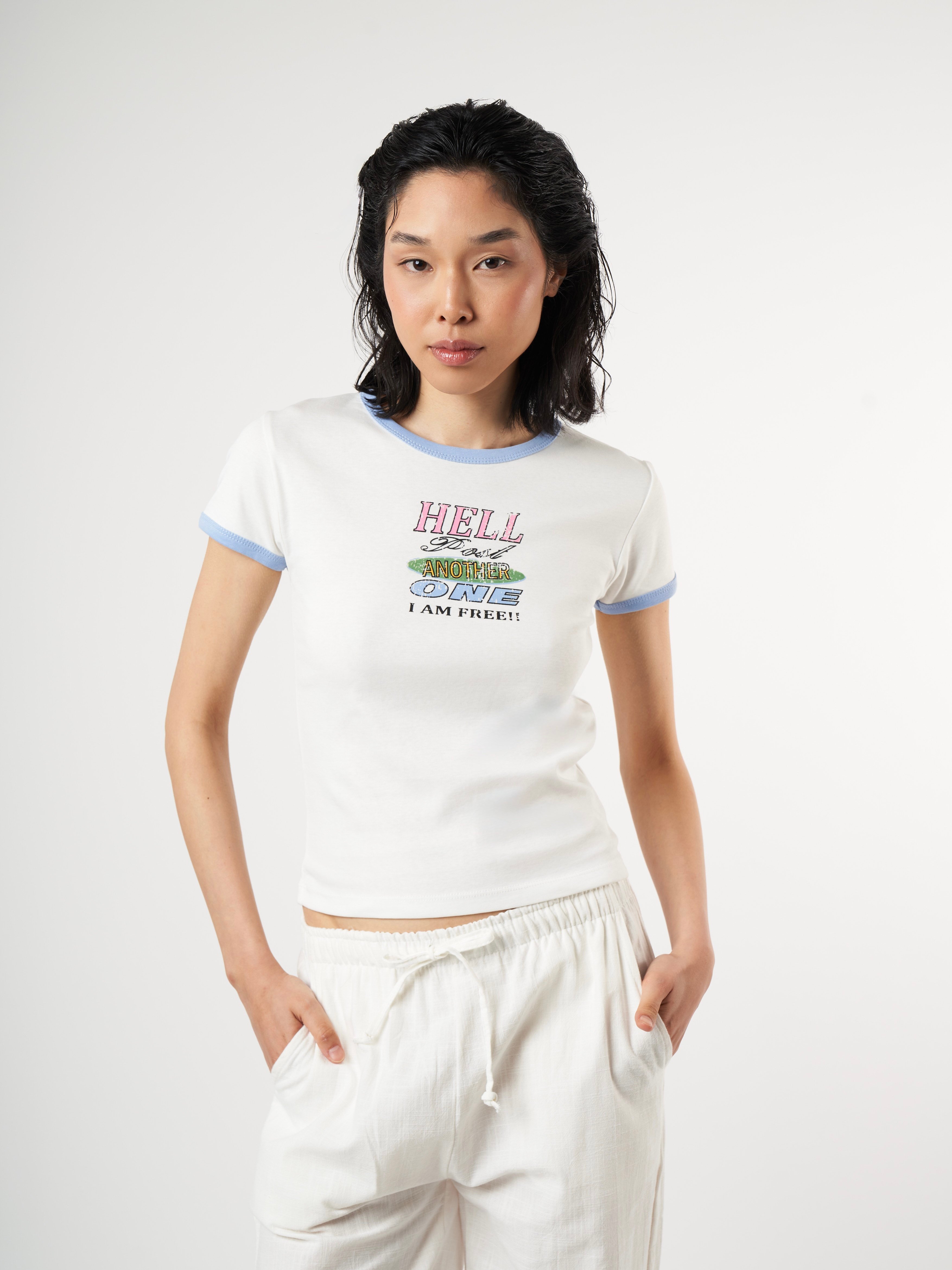 Baskılı Kısa Kol Ribana Bluz Ekru-Mavi