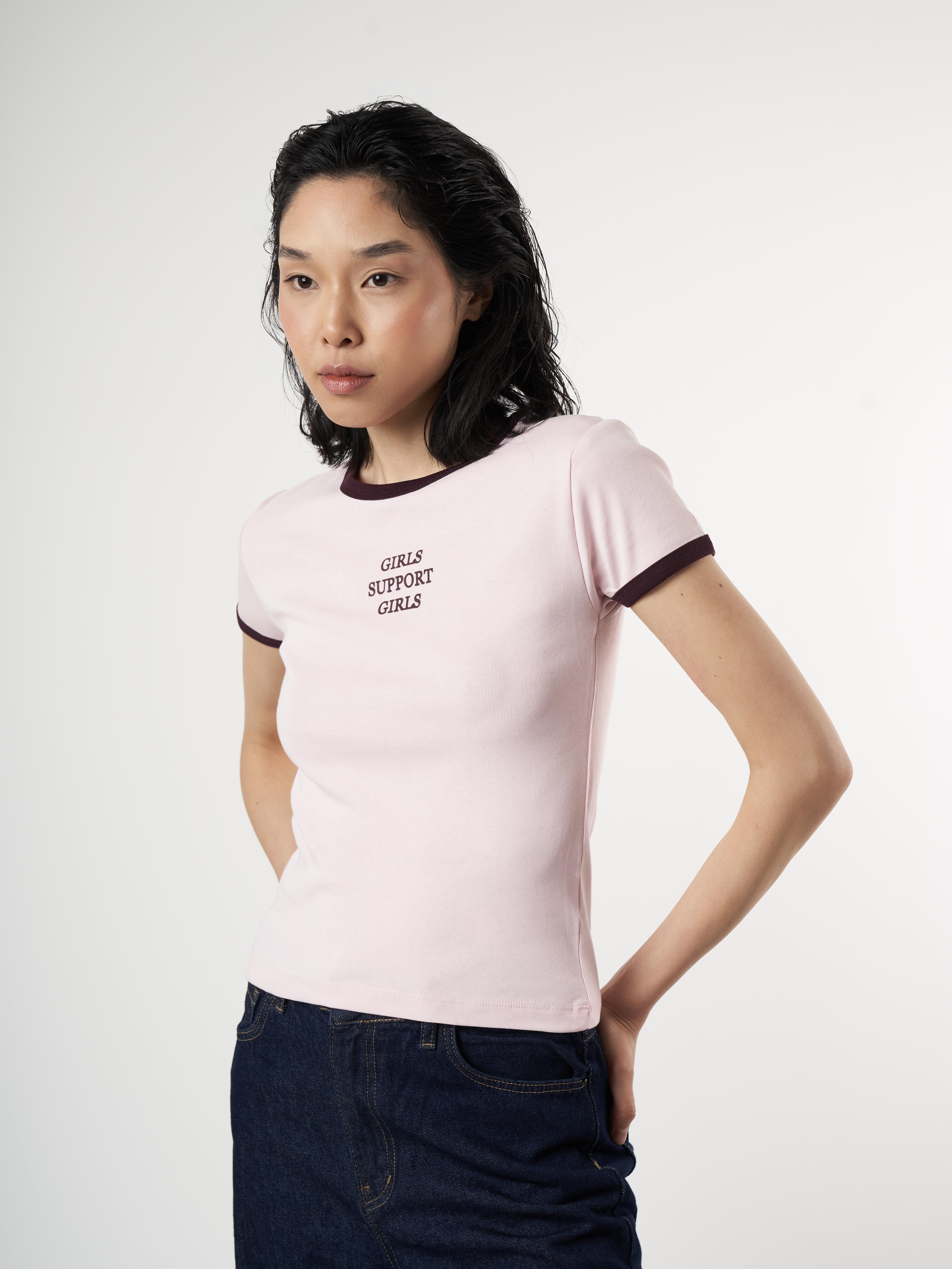 Baskılı Kısa Kol Ribana Bluz Pembe-Mürdüm