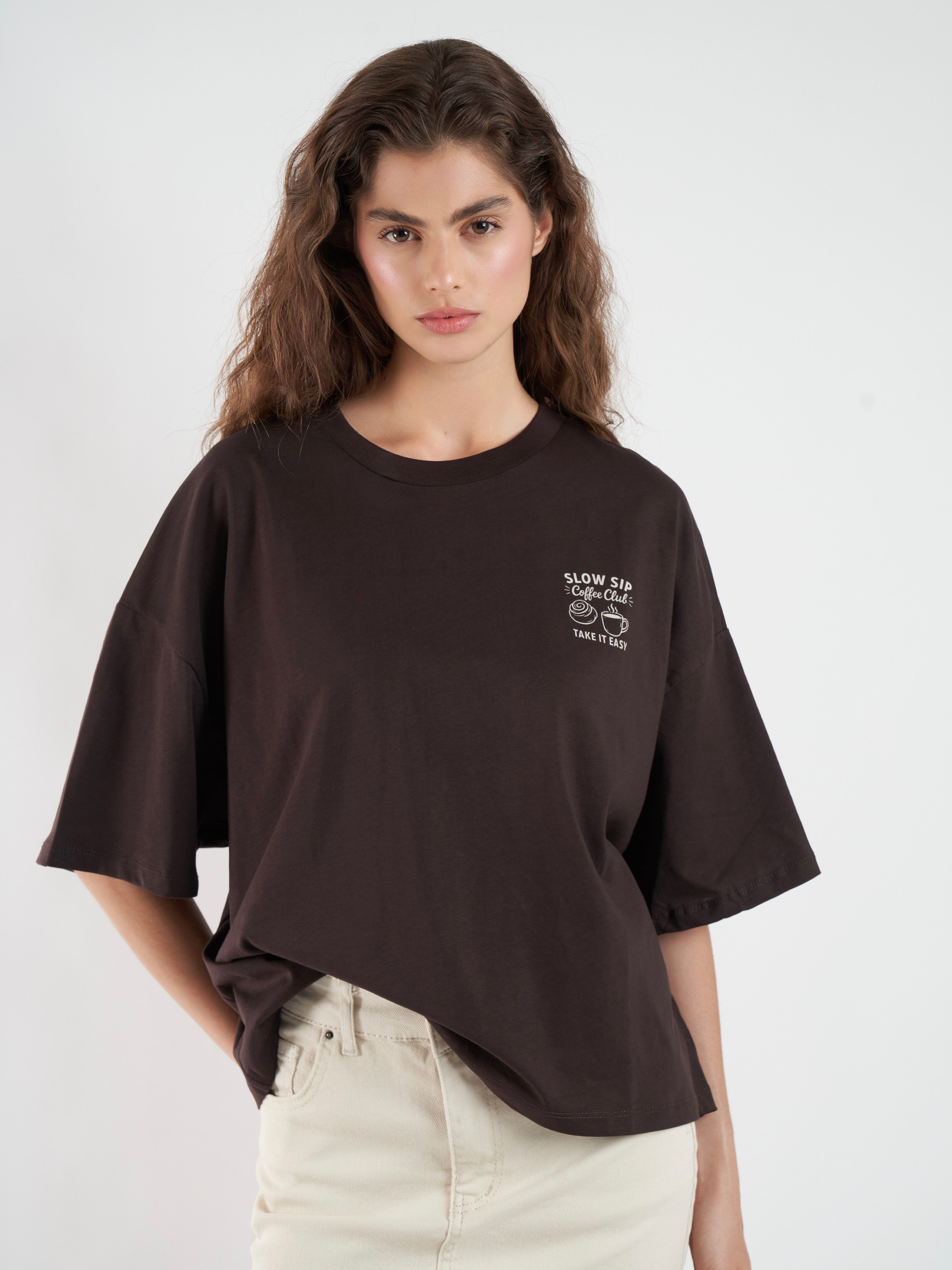 Baskılı Kısa Kol T-shirt Kahve