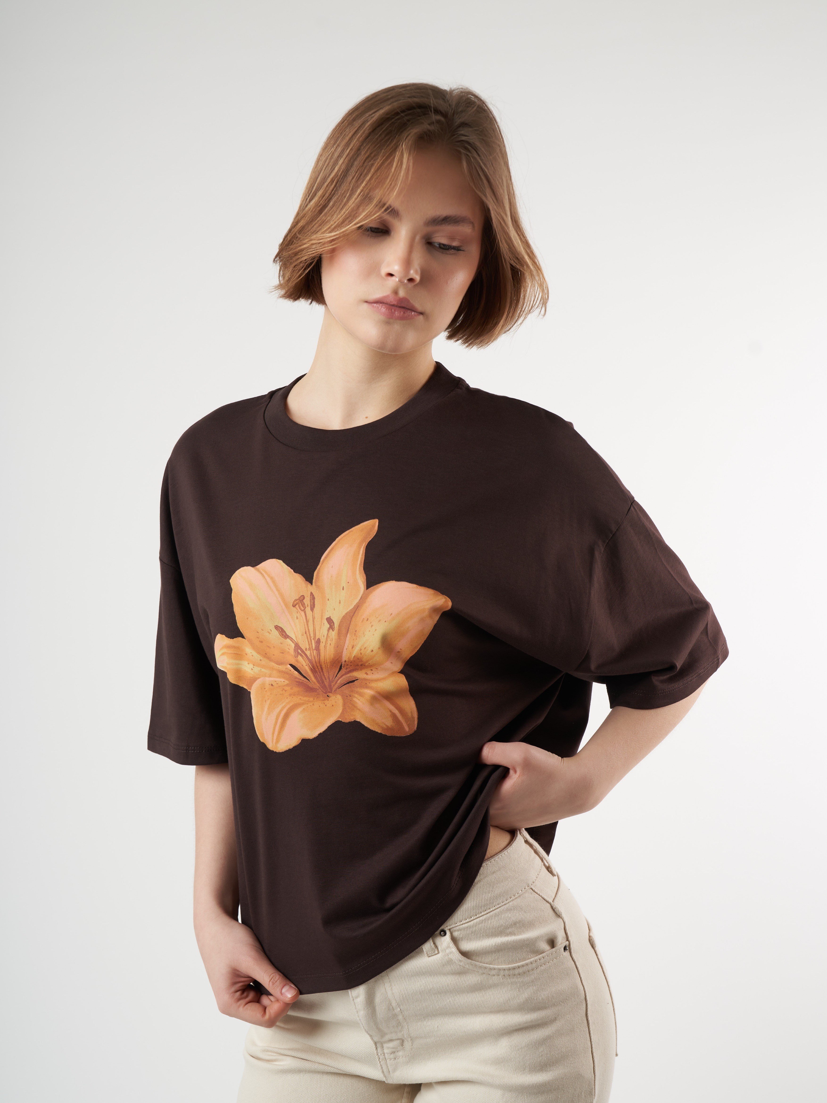 Baskılı Kısa Kol T-shirt Kahve