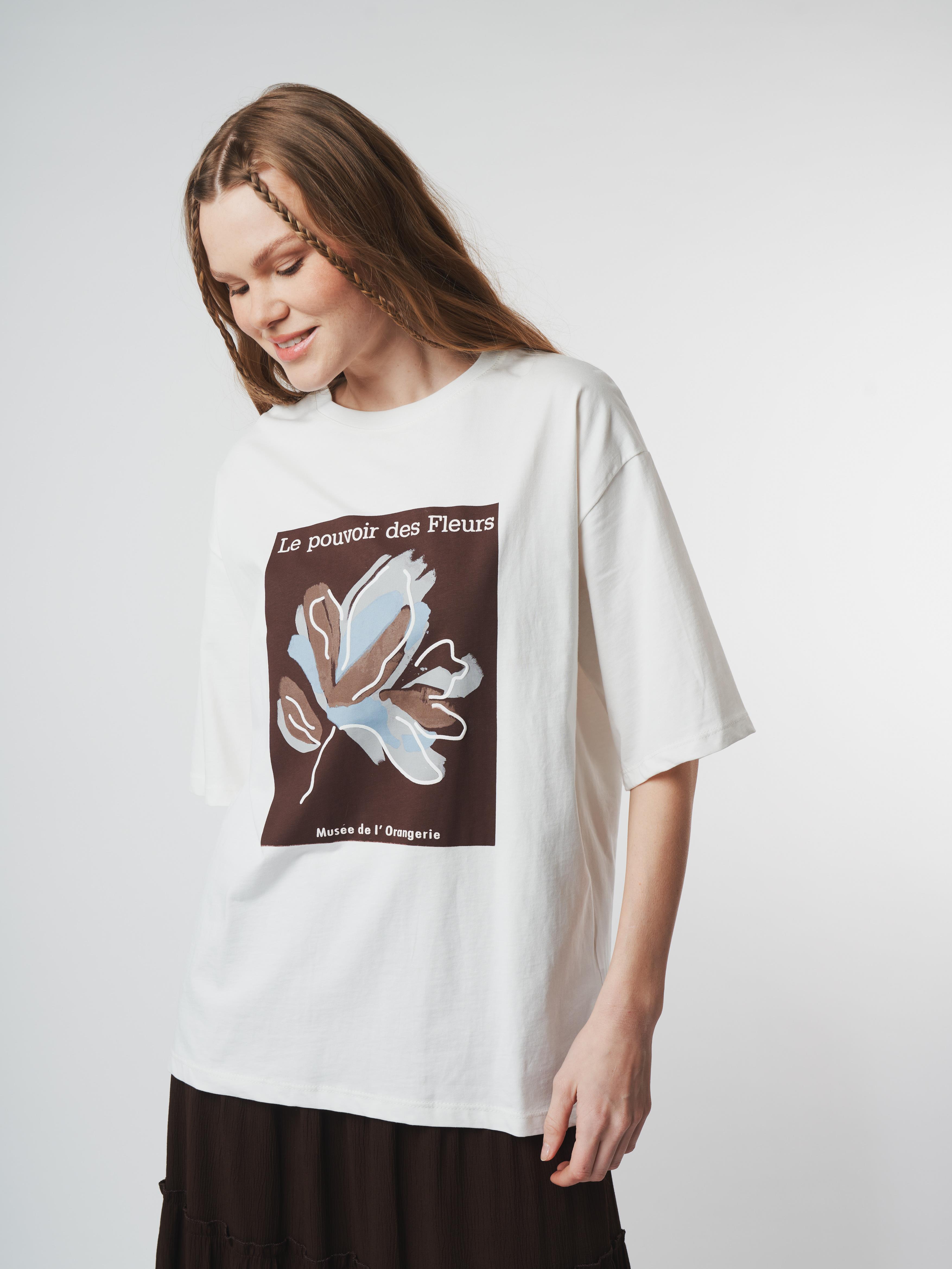 Baskılı Oversize Kısa Kol T-shirt Ekru
