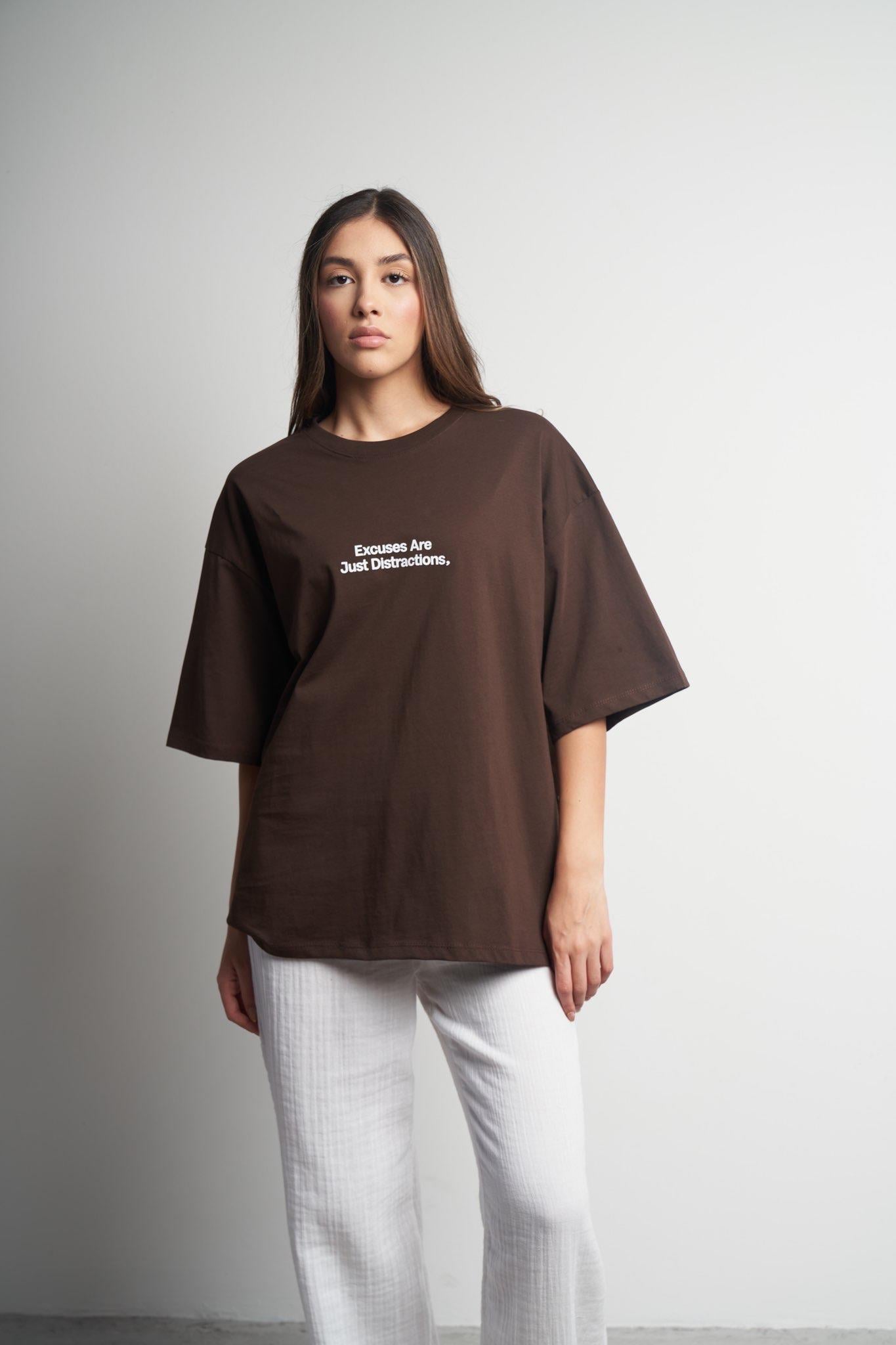 Baskılı Oversize Kısa Kol T-shirt Kahve