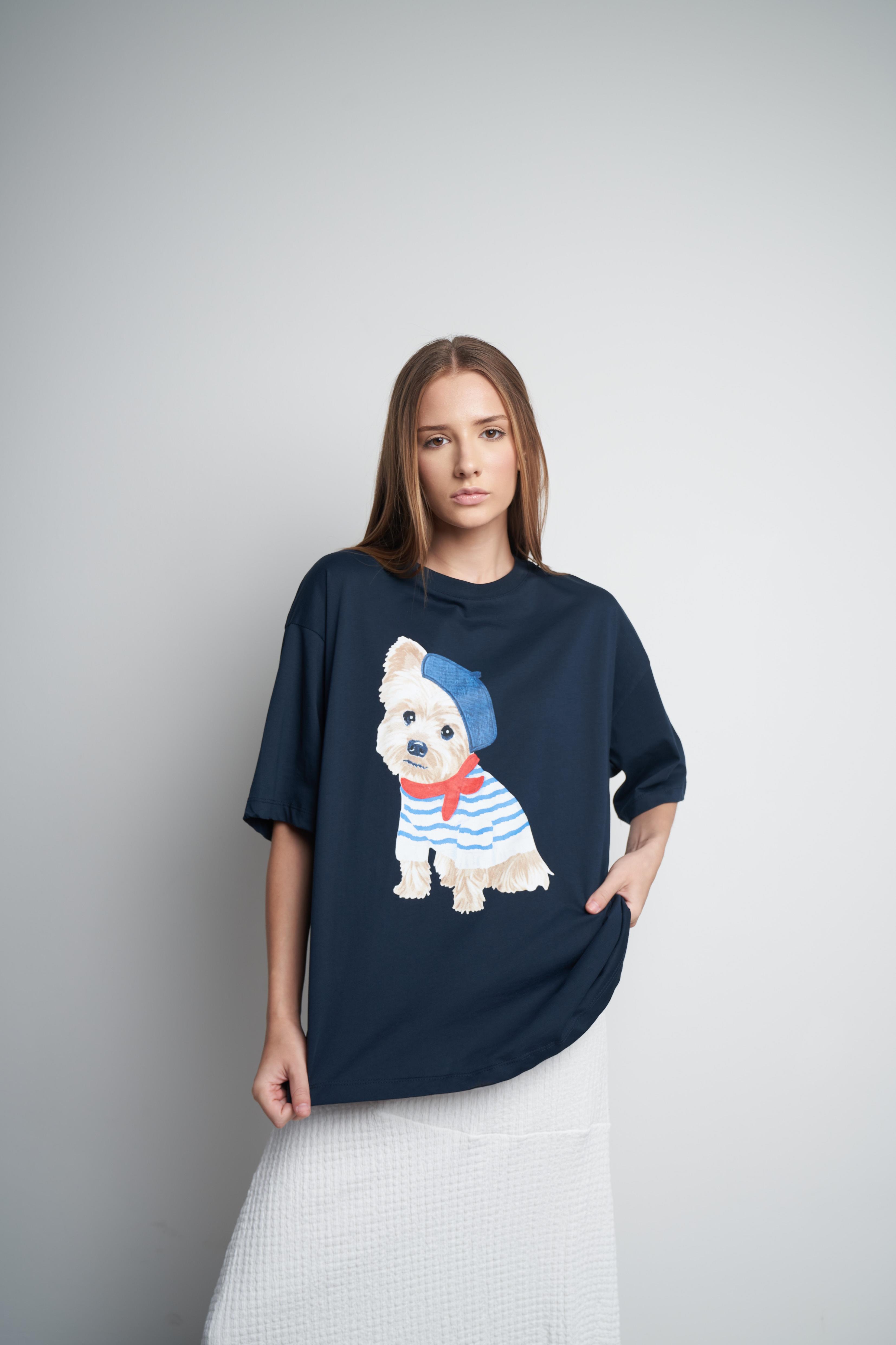 Baskılı Oversize Kısa Kol T-shirt Lacivert
