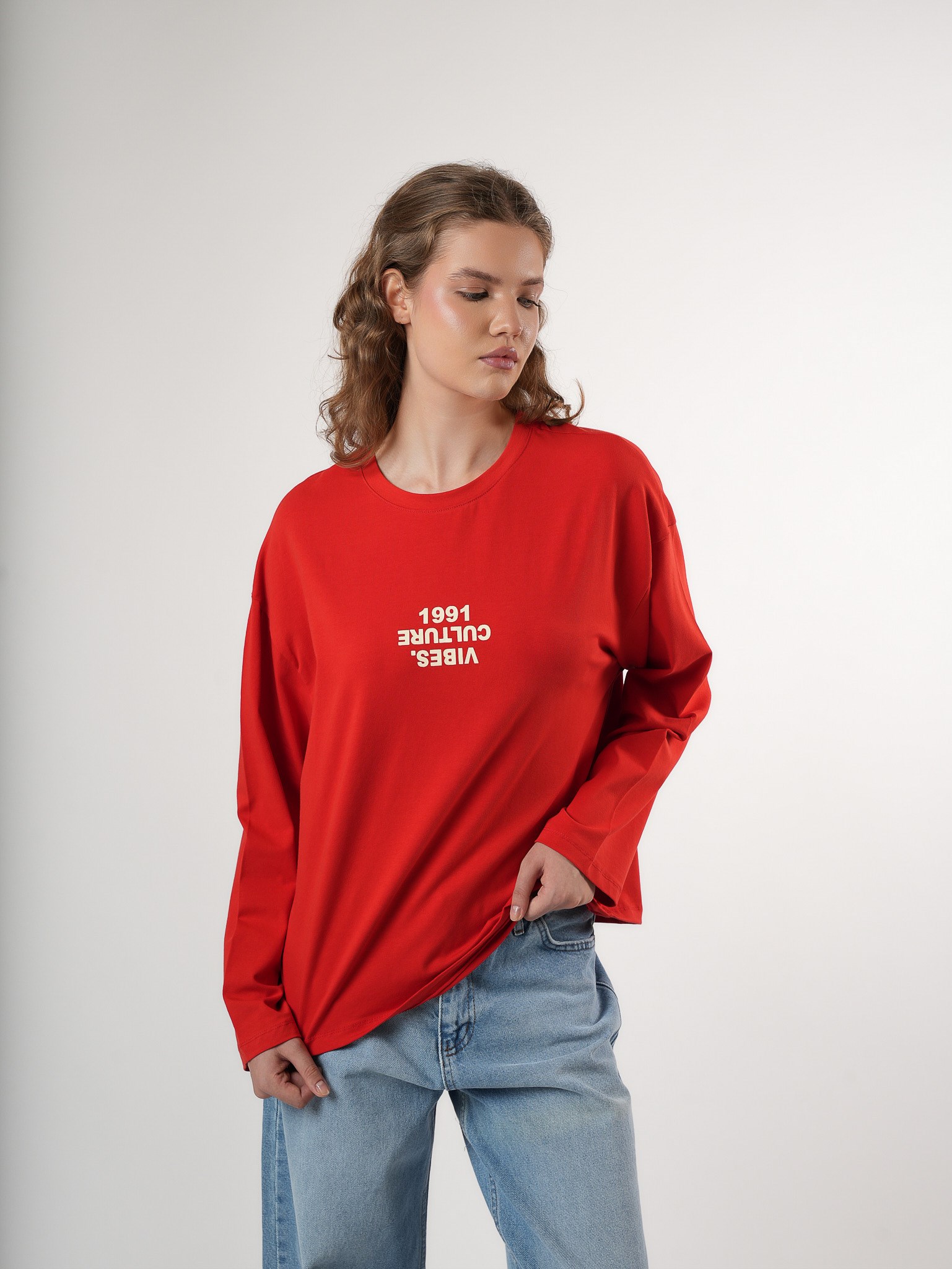 Baskılı Uzun Kol T-shirt Kırmızı