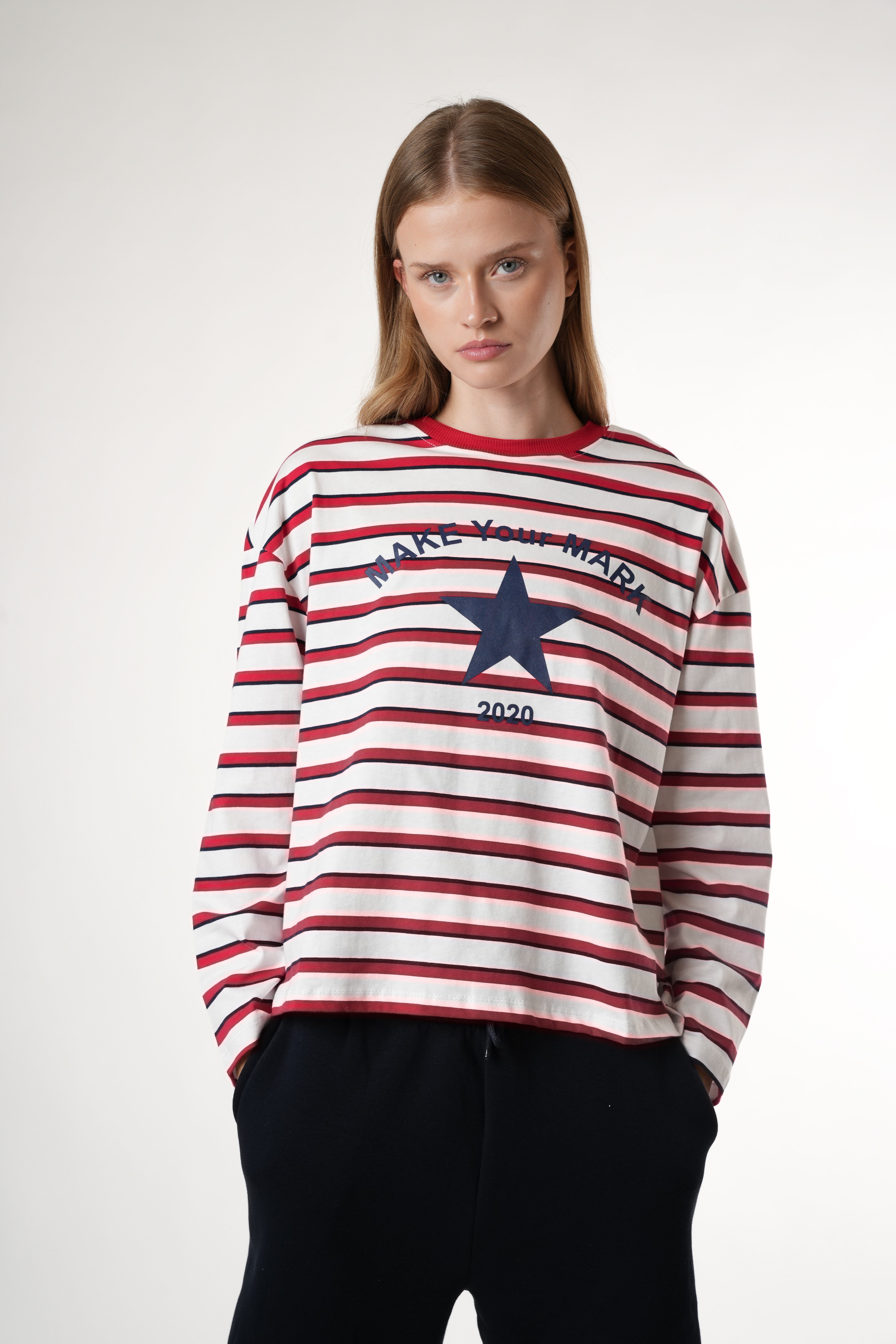 Baskılı Uzun Kol T-shirt Kırmızı-Beyaz