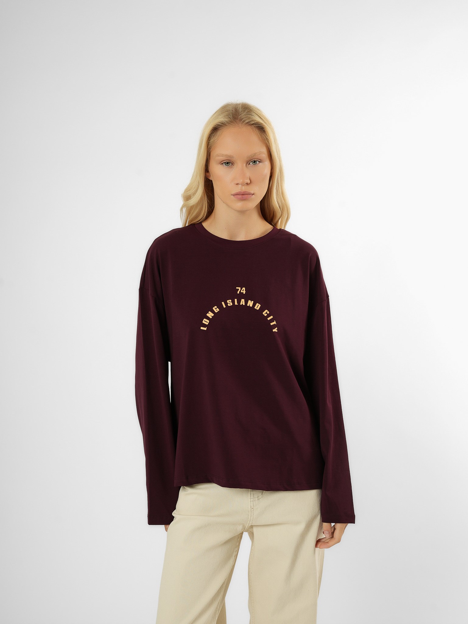 Baskılı Uzun Kol T-shirt Mürdüm