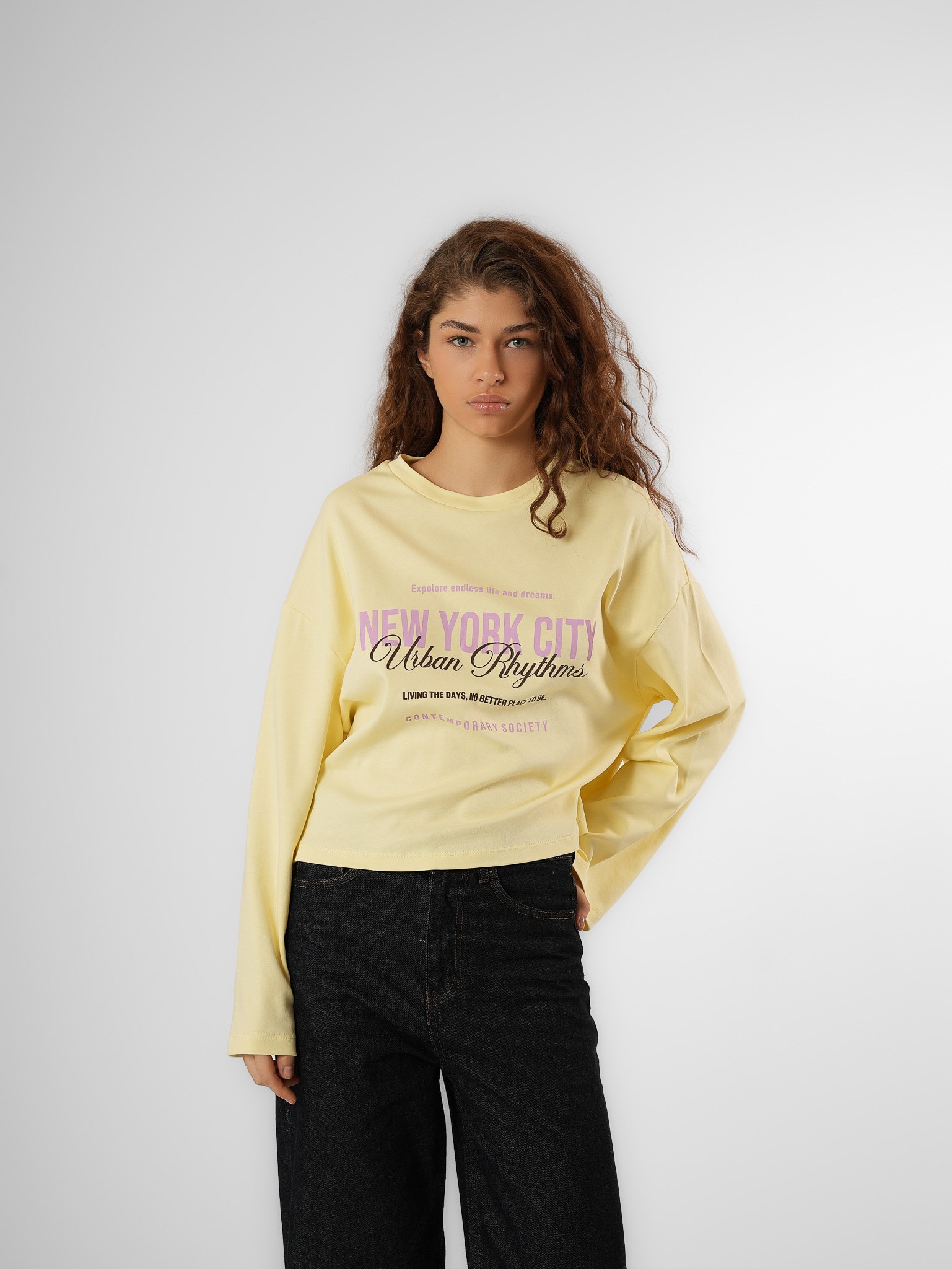 Baskılı Uzun Kol T-shirt Sarı
