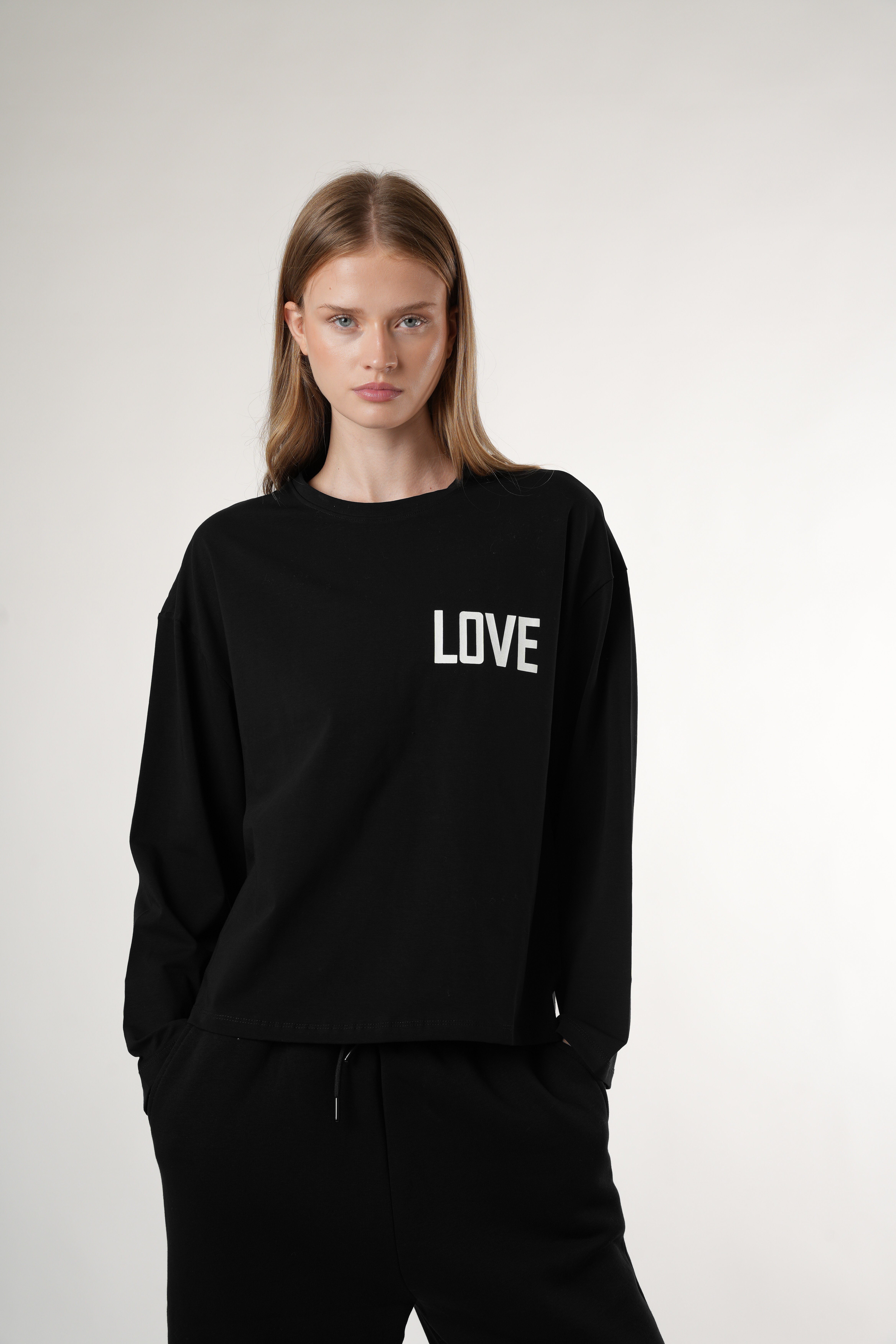 Baskılı Uzun Kol T-shirt Siyah