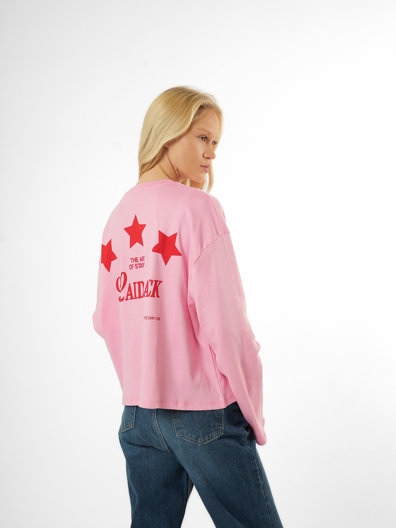 Baskılı Uzun Kol T-shirt Toz Pembe