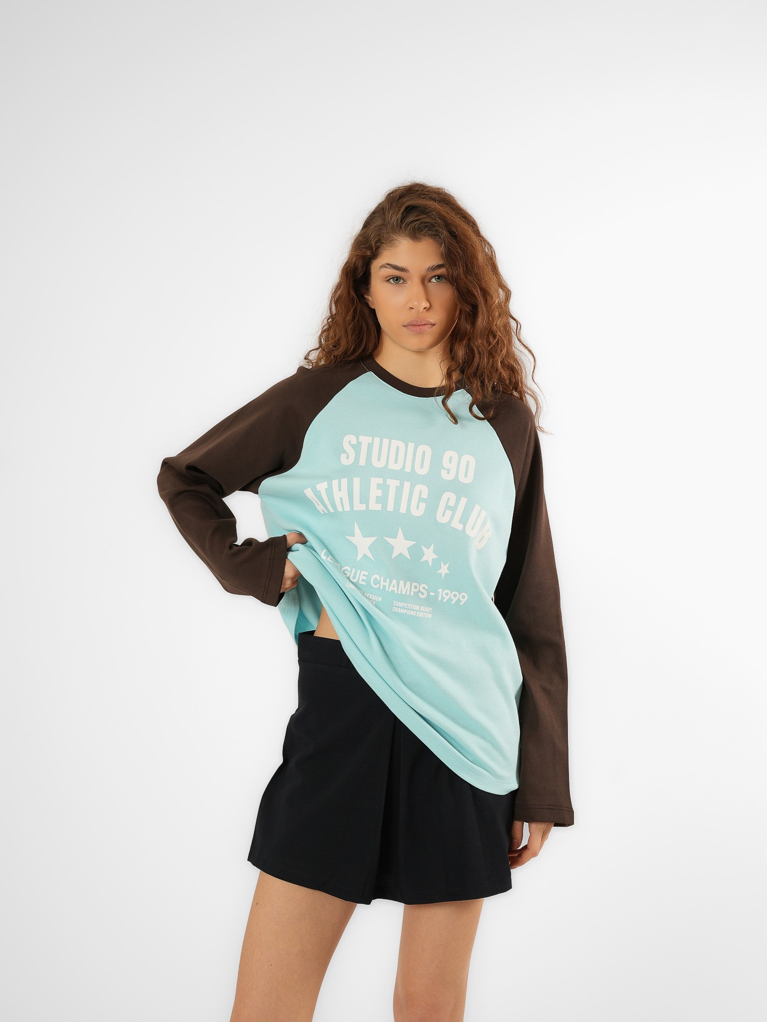 Baskılı Uzun Kol T-shirt Turkuaz-Kahve