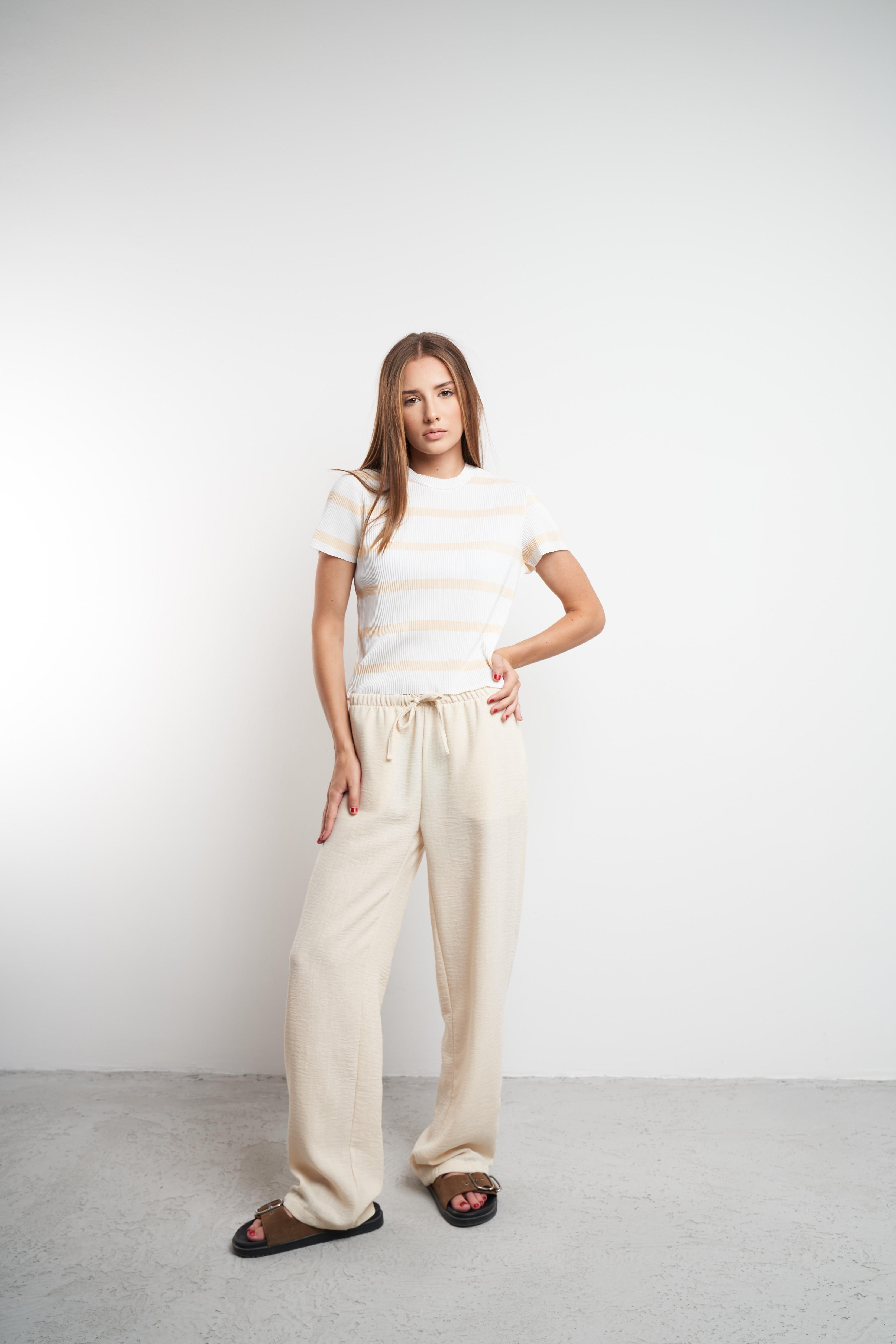 Bel Lastik Ayrobin Bol Paça Pantolon Krem