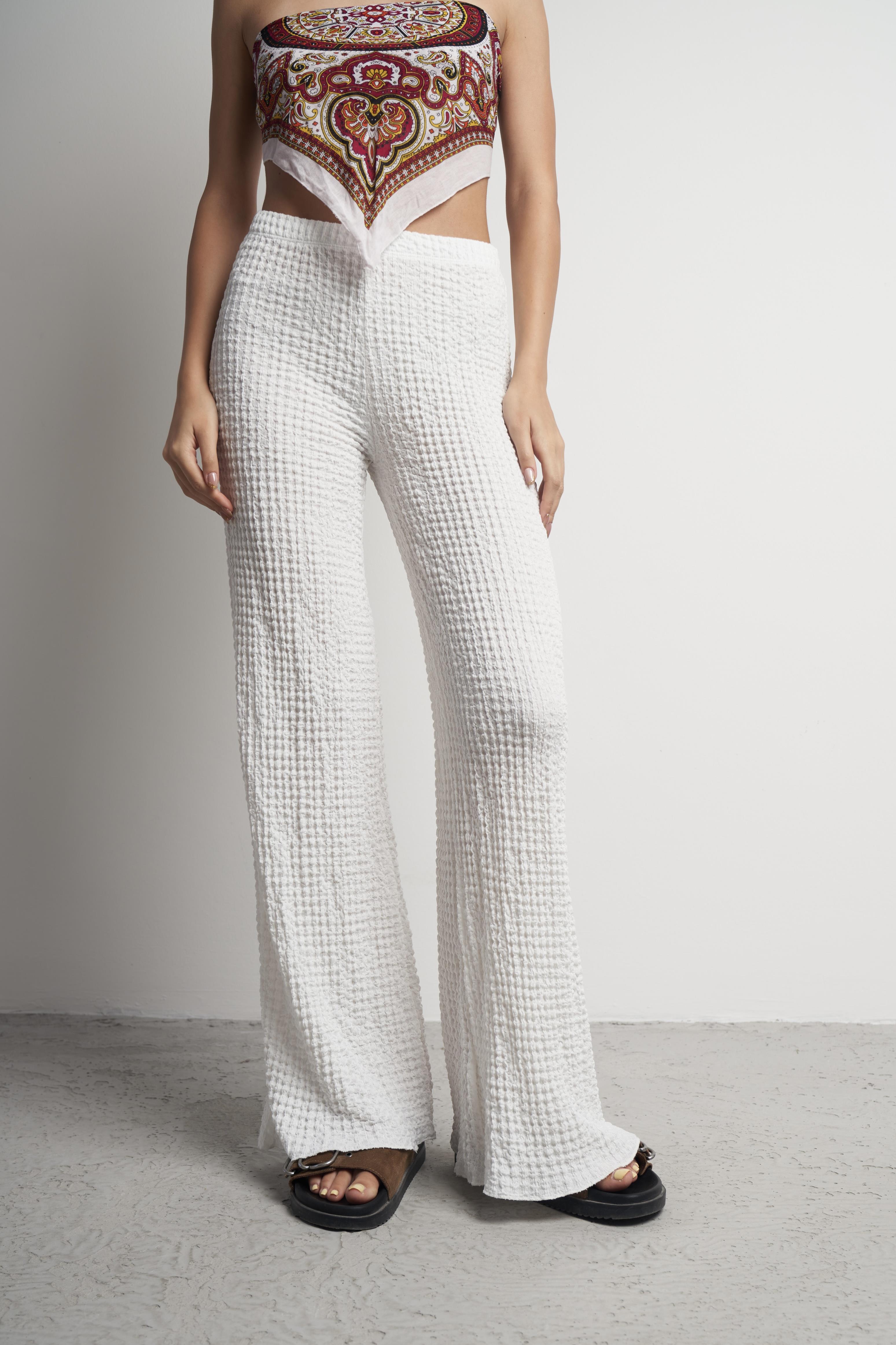 Bel Lastik Gofre Bol Paça Pantolon Ekru