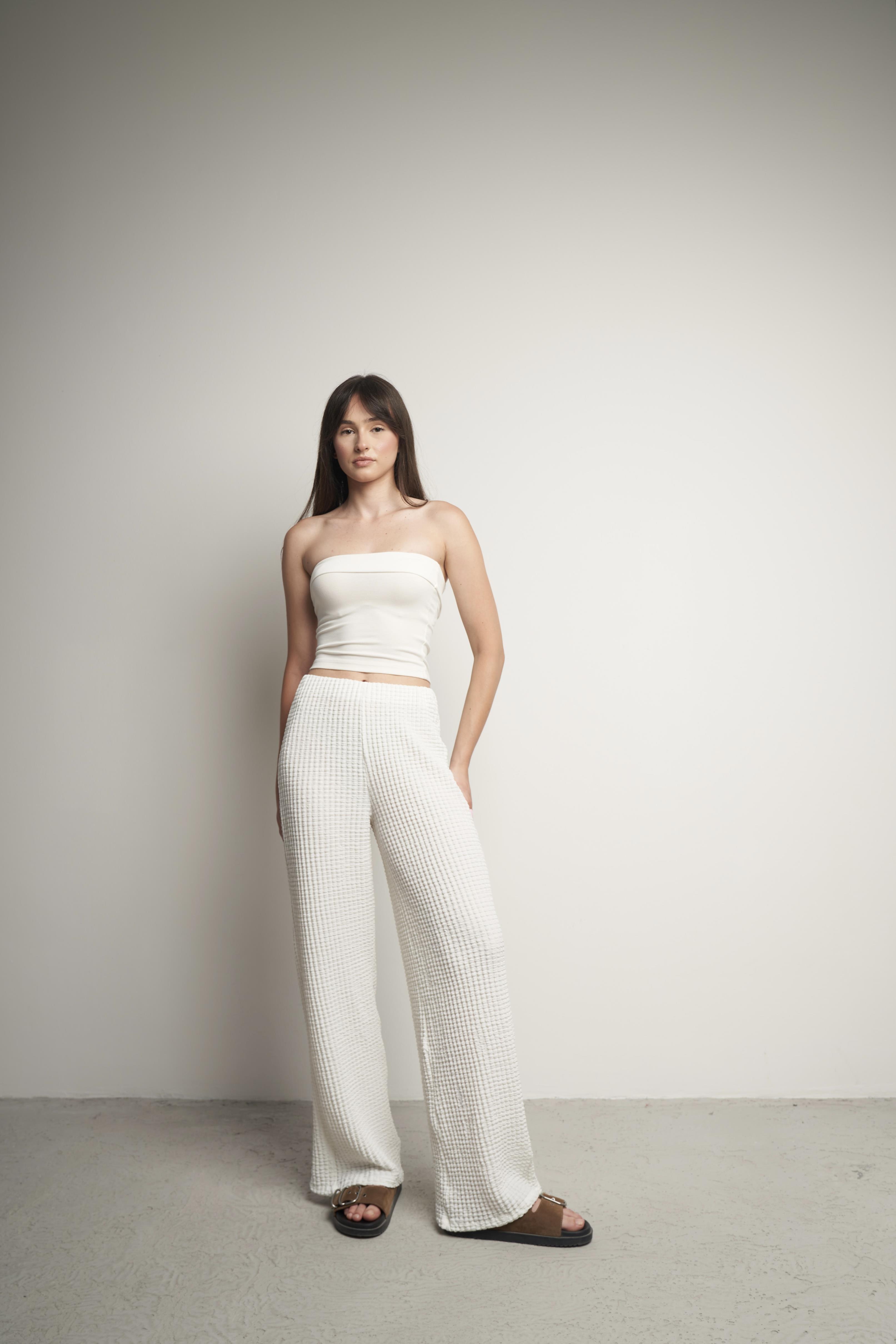 Bel Lastik Gofre Bol Paça Pantolon Ekru